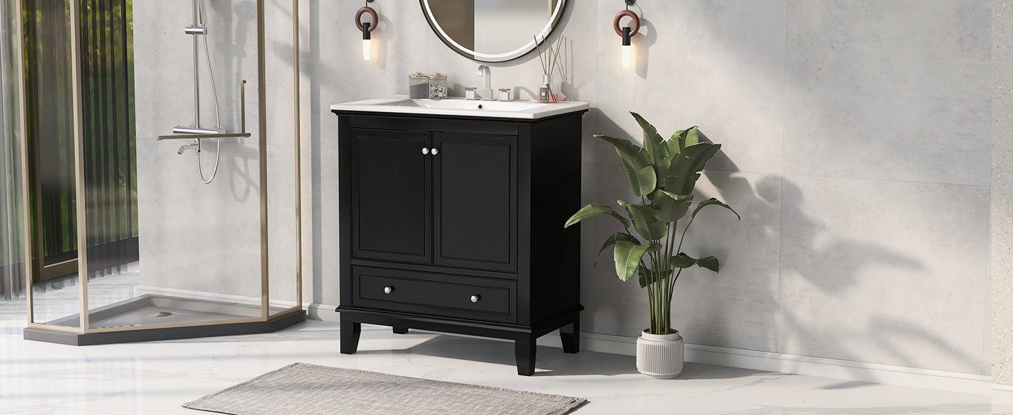 30" Bathroom Vanity With Sink Combo, Multi Functional Bathroom Cabinet With Doors And Drawer, Solid Wood And Mdf Board, Black Black Solid Wood Mdf