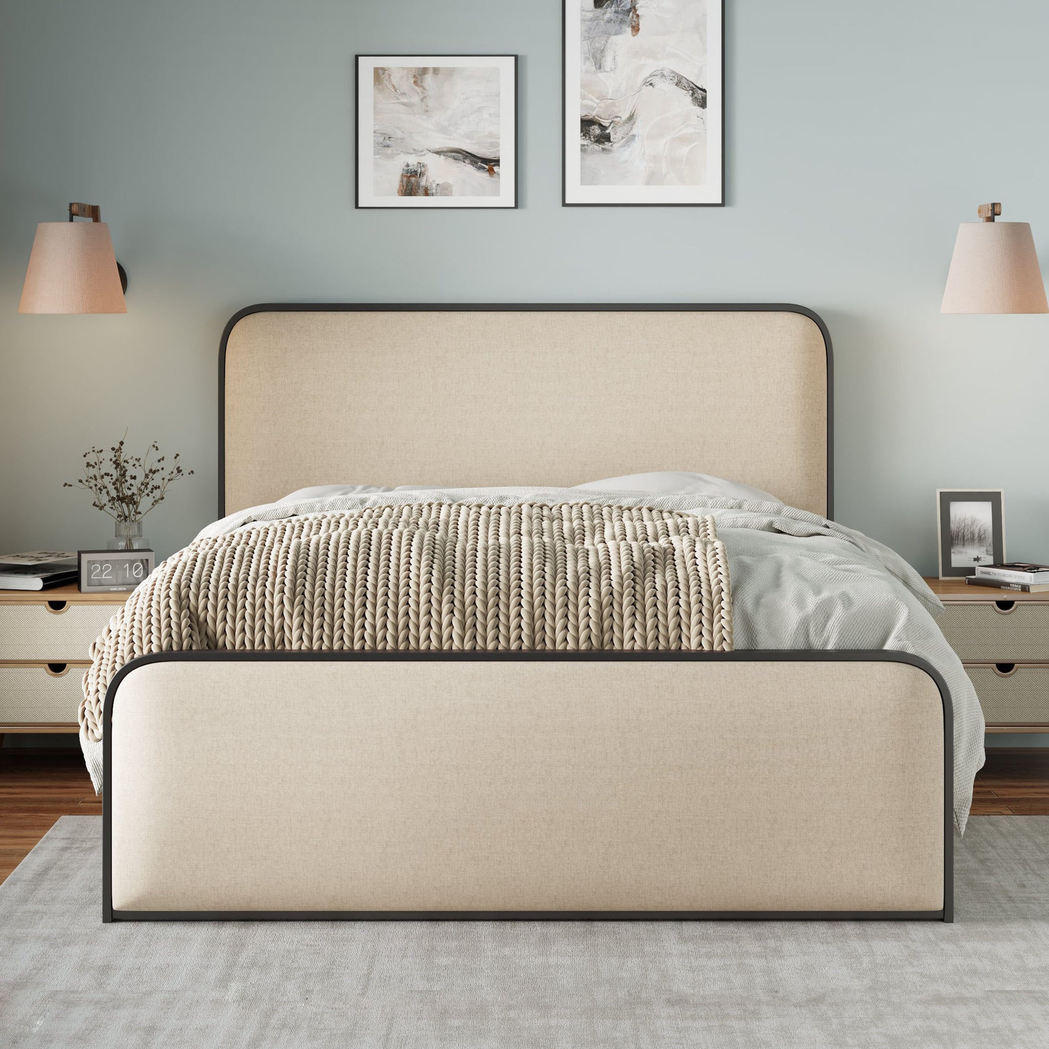 Modern Metal Bed Frame with Curved Upholstered king-beige-metal-modern-metal