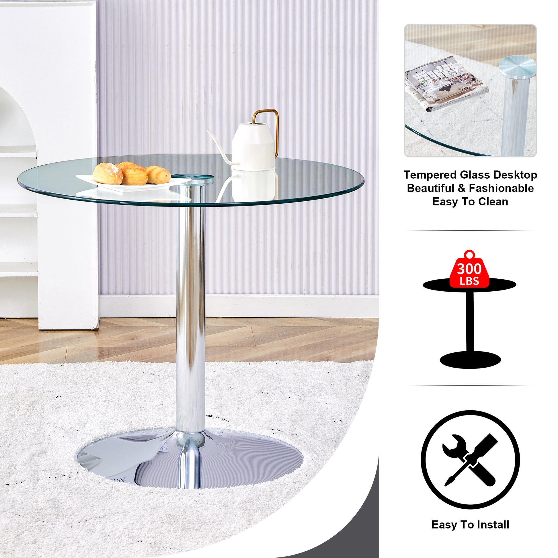 A Glass Tabletop With A Diameter Of 35 Inches And A Modern Minimalist Circular Dining Table With Electroplated Silver Metal Legs. Suitable For Restaurants, Living Rooms, And Conference Rooms.Dt 1166 Transparent Glass