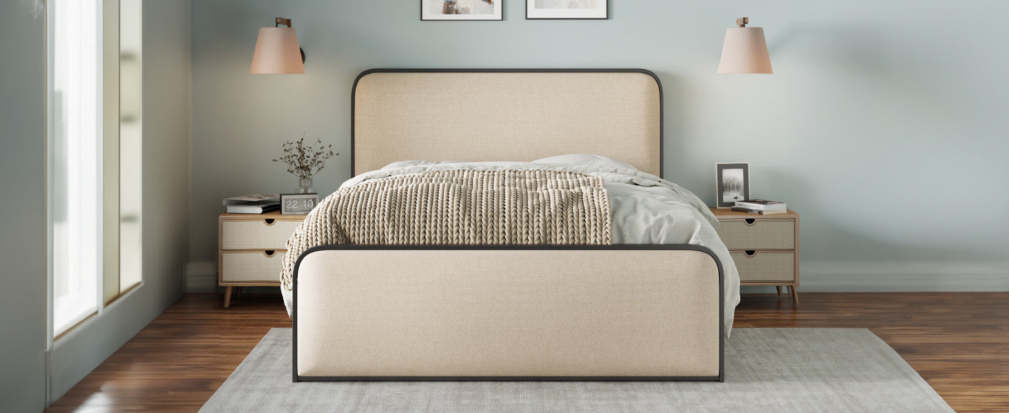 Modern Metal Bed Frame With Curved Upholstered Headboard And Footboard Bed With Under Bed Storage, Heavy Duty Metal Slats, Full Size, Beige Full Beige Metal Modern Metal