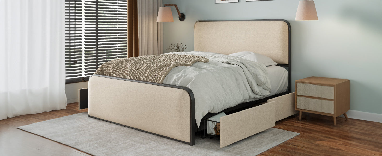 Modern Metal Bed Frame with Curved Upholstered beige-metal-modern-metal
