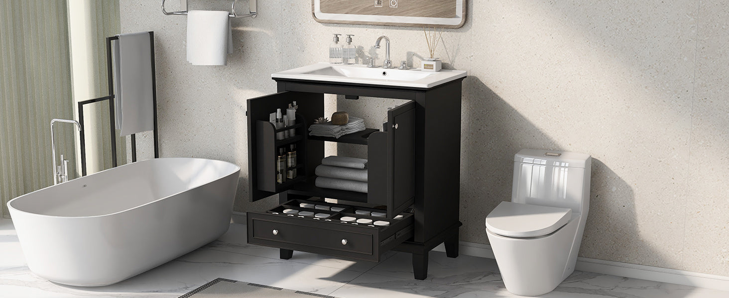 30" Bathroom Vanity With Sink Combo, Multi Functional Bathroom Cabinet With Doors And Drawer, Solid Wood And Mdf Board, Black Black Solid Wood Mdf