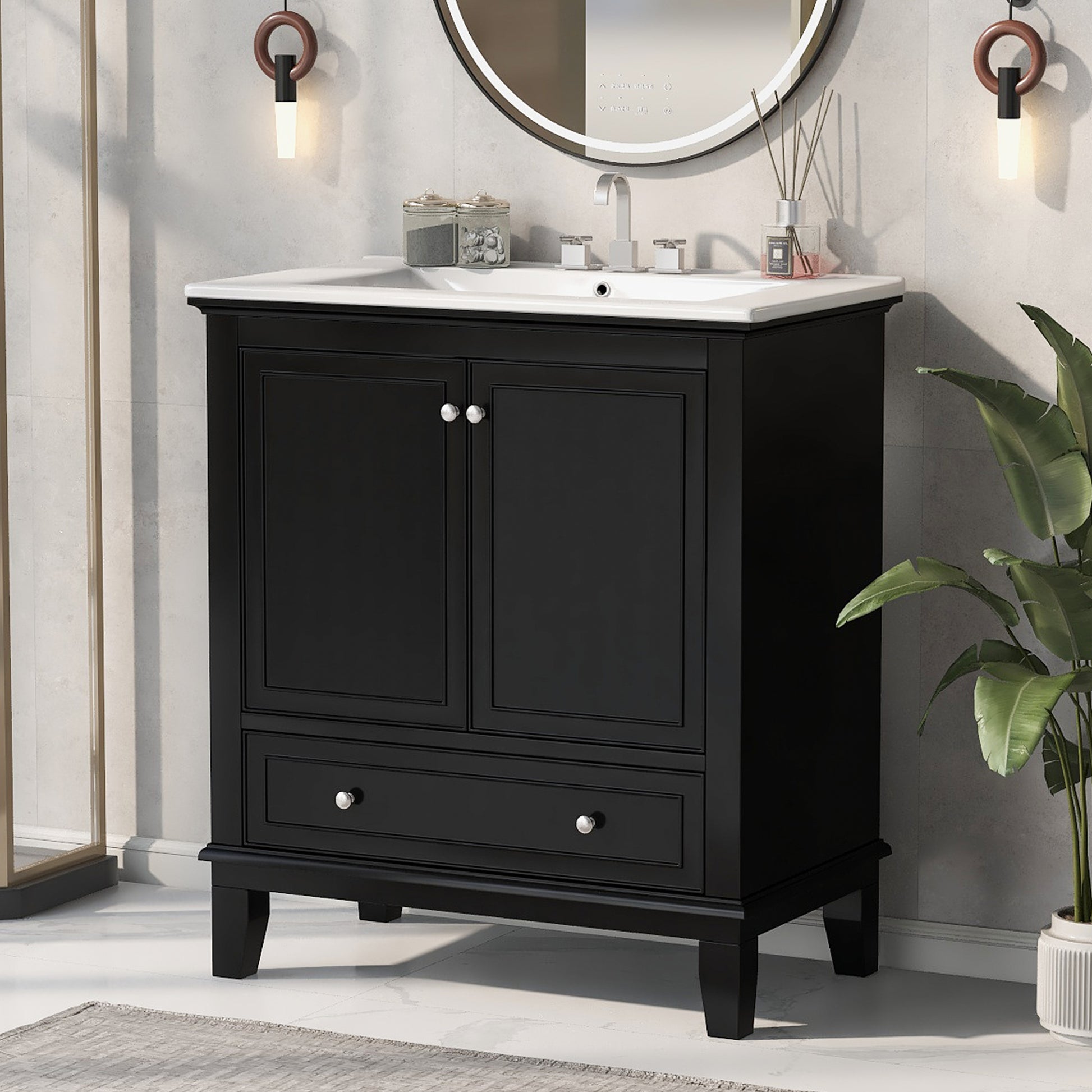 30" Bathroom Vanity With Sink Combo, Multi Functional Bathroom Cabinet With Doors And Drawer, Solid Wood And Mdf Board, Black Black Solid Wood Mdf