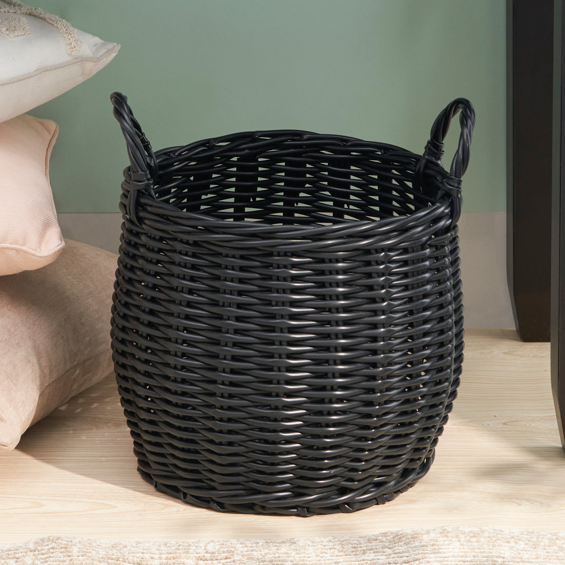 Lucius Round Resin Woven Wicker Basket With Handles 13" X 13" X 13" Black For Clothes, Towels, Toys, Magazines Storage And Home Decoration Black Wicker Wicker