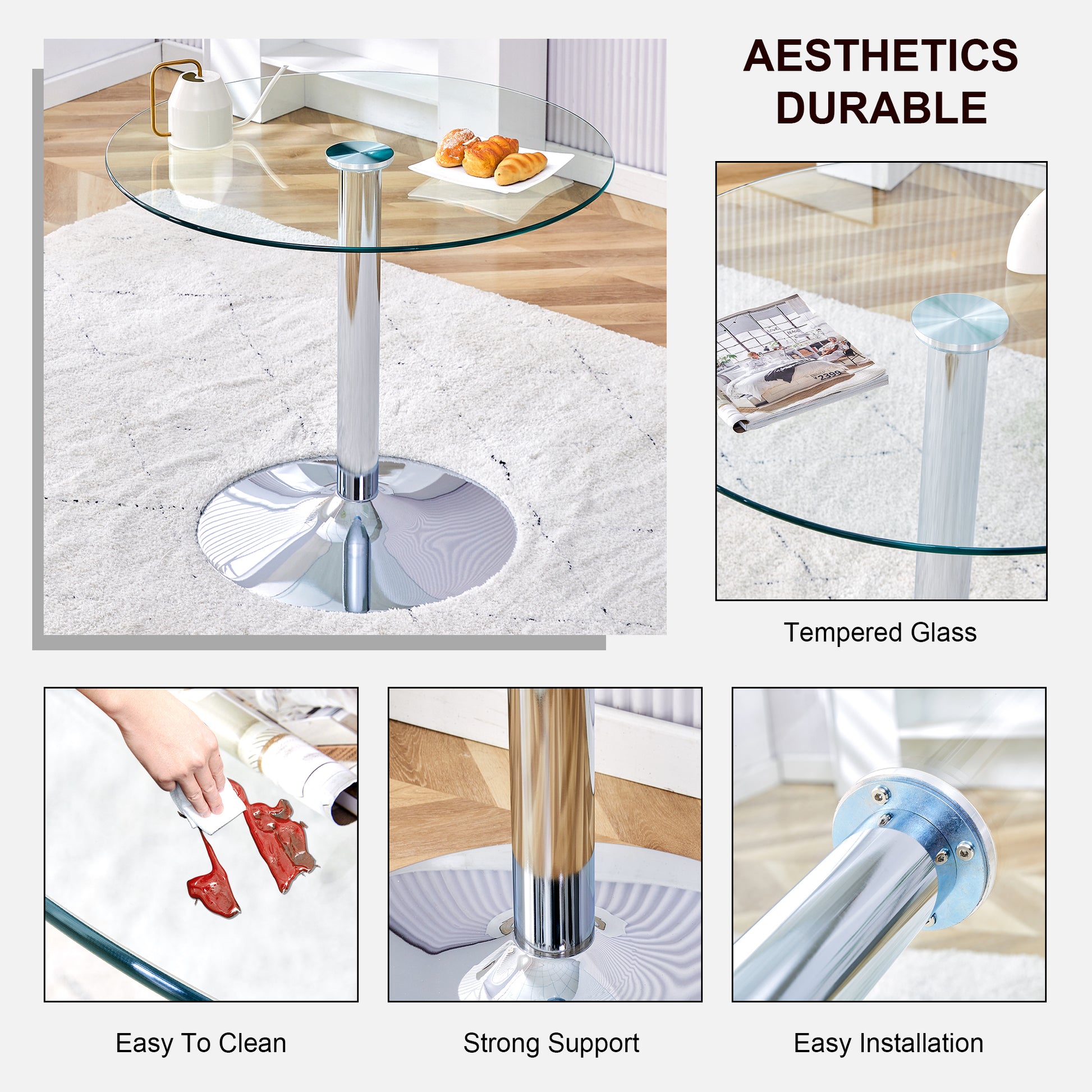 A Glass Tabletop With A Diameter Of 35 Inches And A Modern Minimalist Circular Dining Table With Electroplated Silver Metal Legs. Suitable For Restaurants, Living Rooms, And Conference Rooms.Dt 1166 Transparent Glass