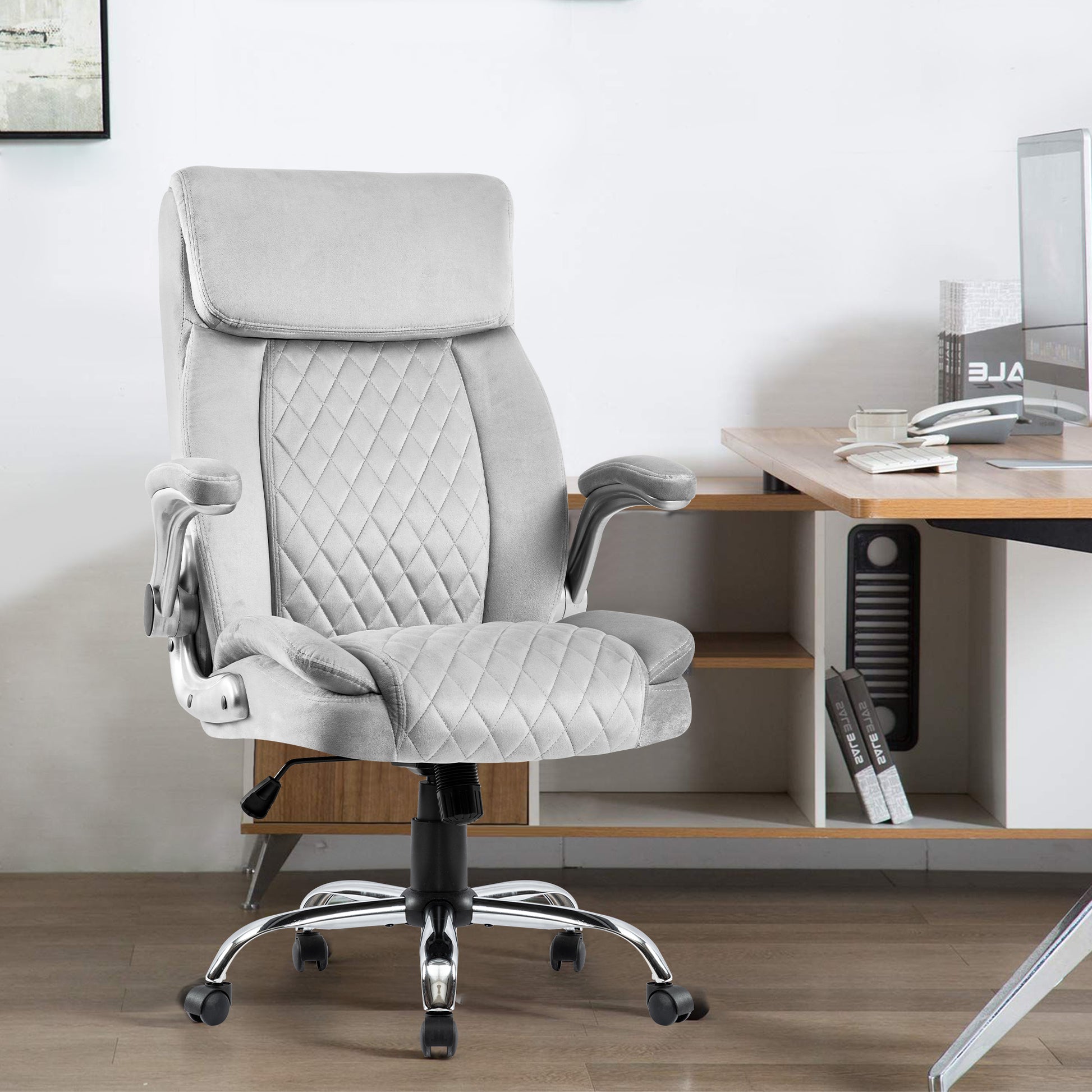 Swivel Office Room Chair Executive Desk Chair Velvet Metal Grey Office Foam Modern Handle Office Chairs Solid Back Foam Adjustable Height Velvet