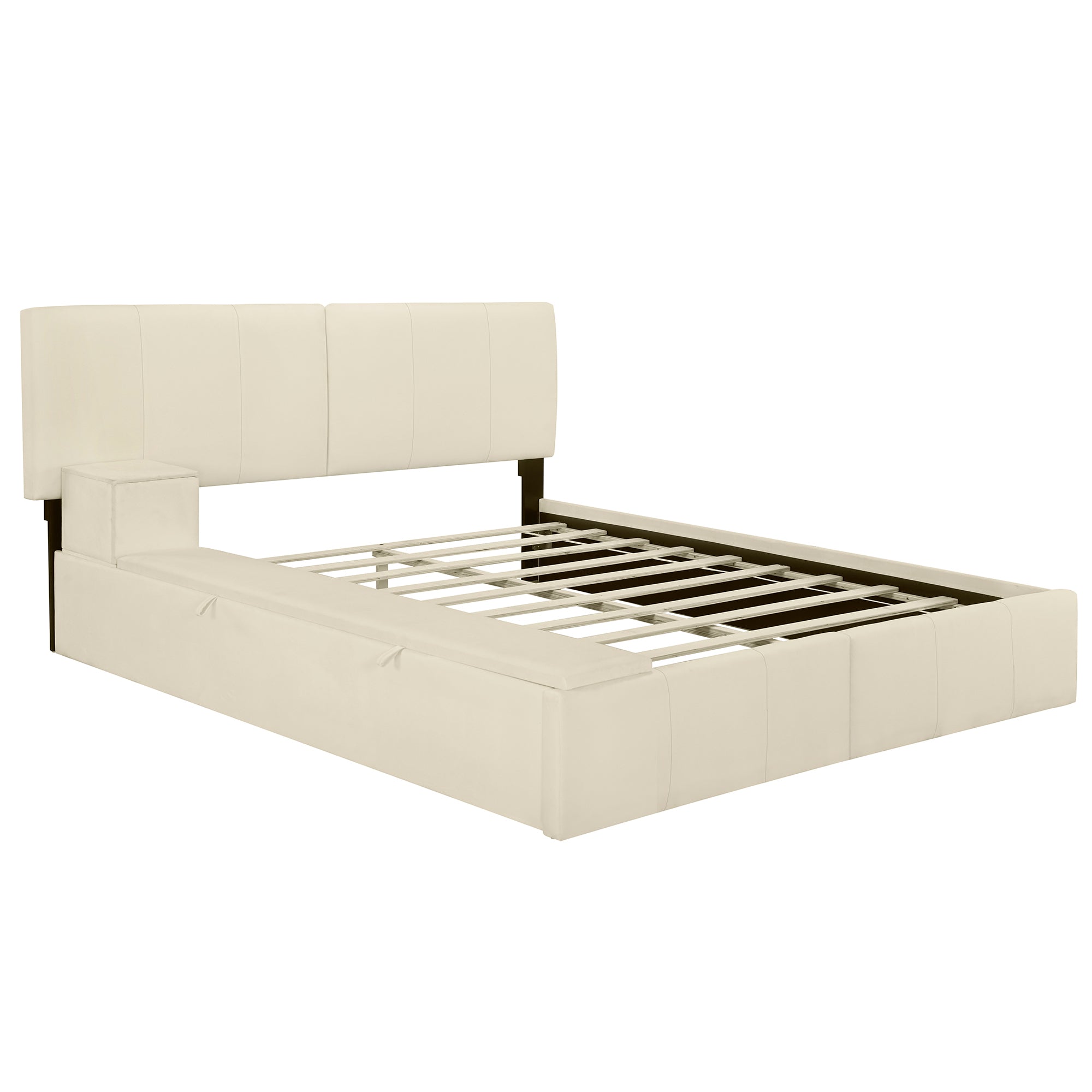 Queen Size Upholstered Platform Bed with Lateral beige-velvet
