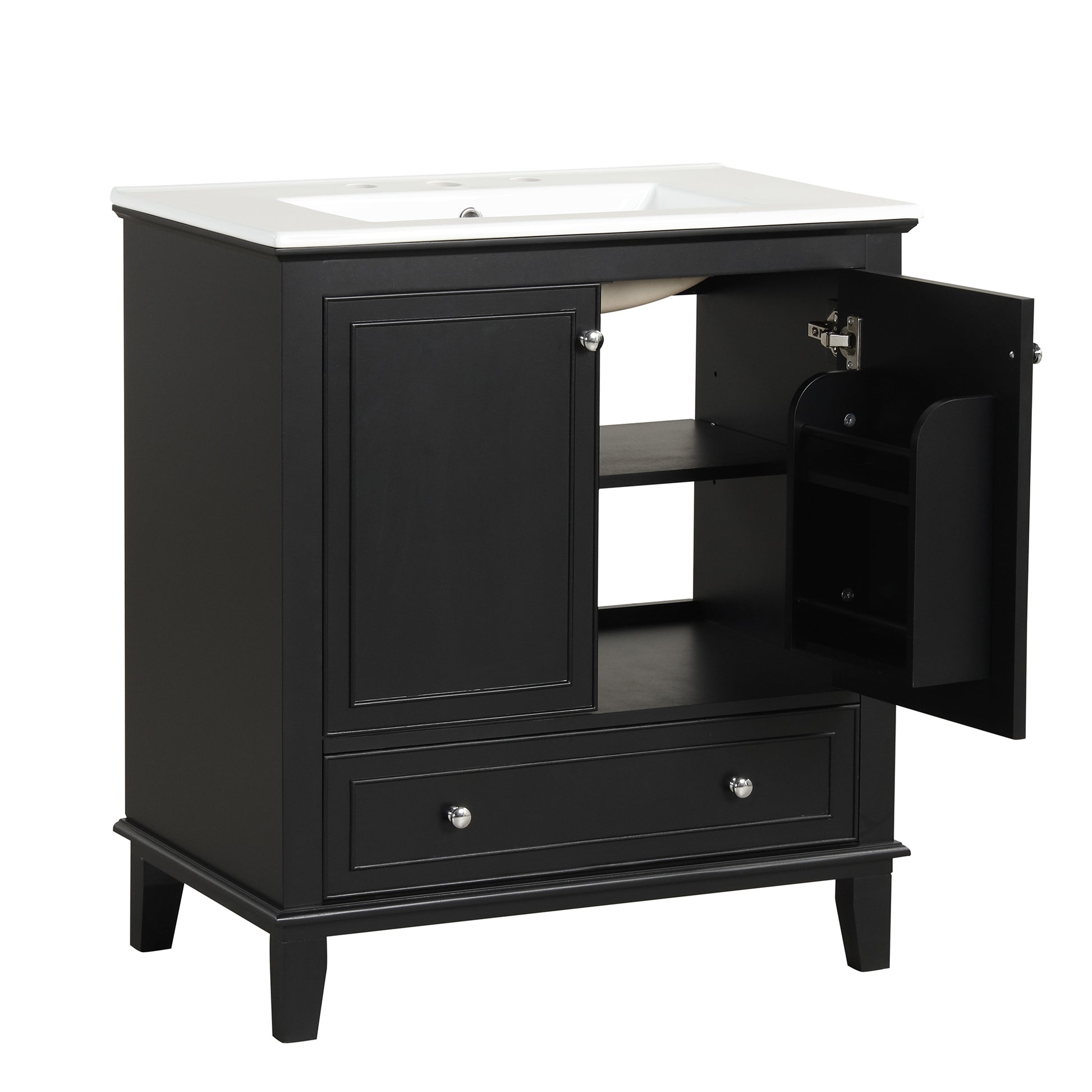 30" Bathroom Vanity With Sink Combo, Multi Functional Bathroom Cabinet With Doors And Drawer, Solid Wood And Mdf Board, Black Black Solid Wood Mdf