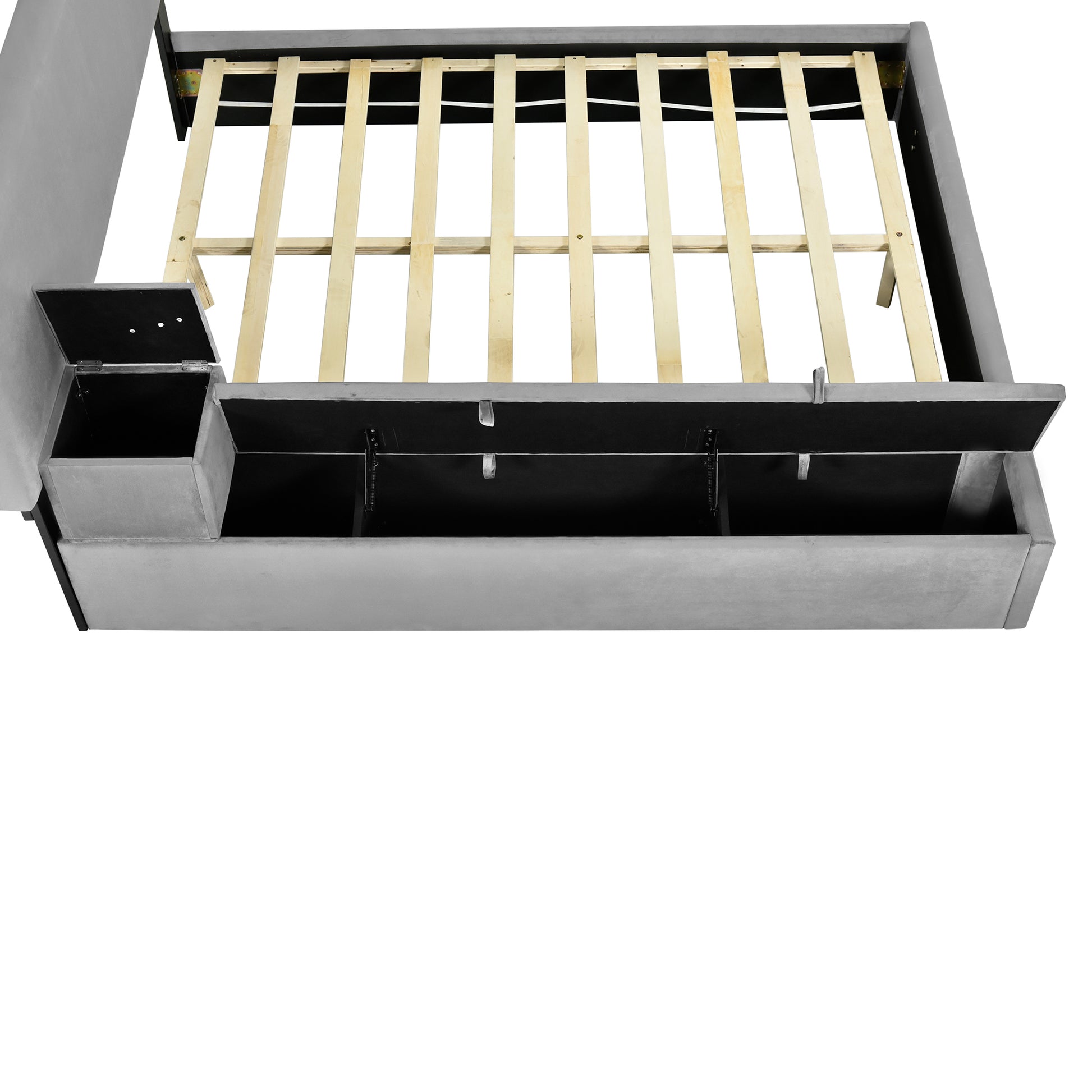 Full Size Upholstered Platform Bed With Lateral Storage Compartments And Thick Fabric, Velvet, Gray Gray Velvet