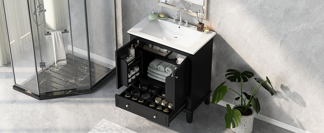 30" Bathroom Vanity With Sink Combo, Multi Functional Bathroom Cabinet With Doors And Drawer, Solid Wood And Mdf Board, Black Black Solid Wood Mdf