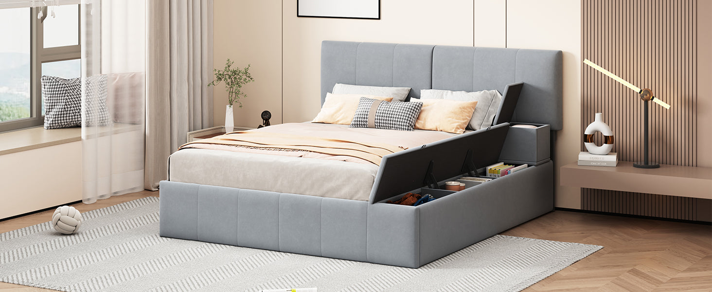 Queen Size Upholstered Platform Bed With Lateral Storage Compartments And Thick Fabric, Velvet, Gray Gray Velvet