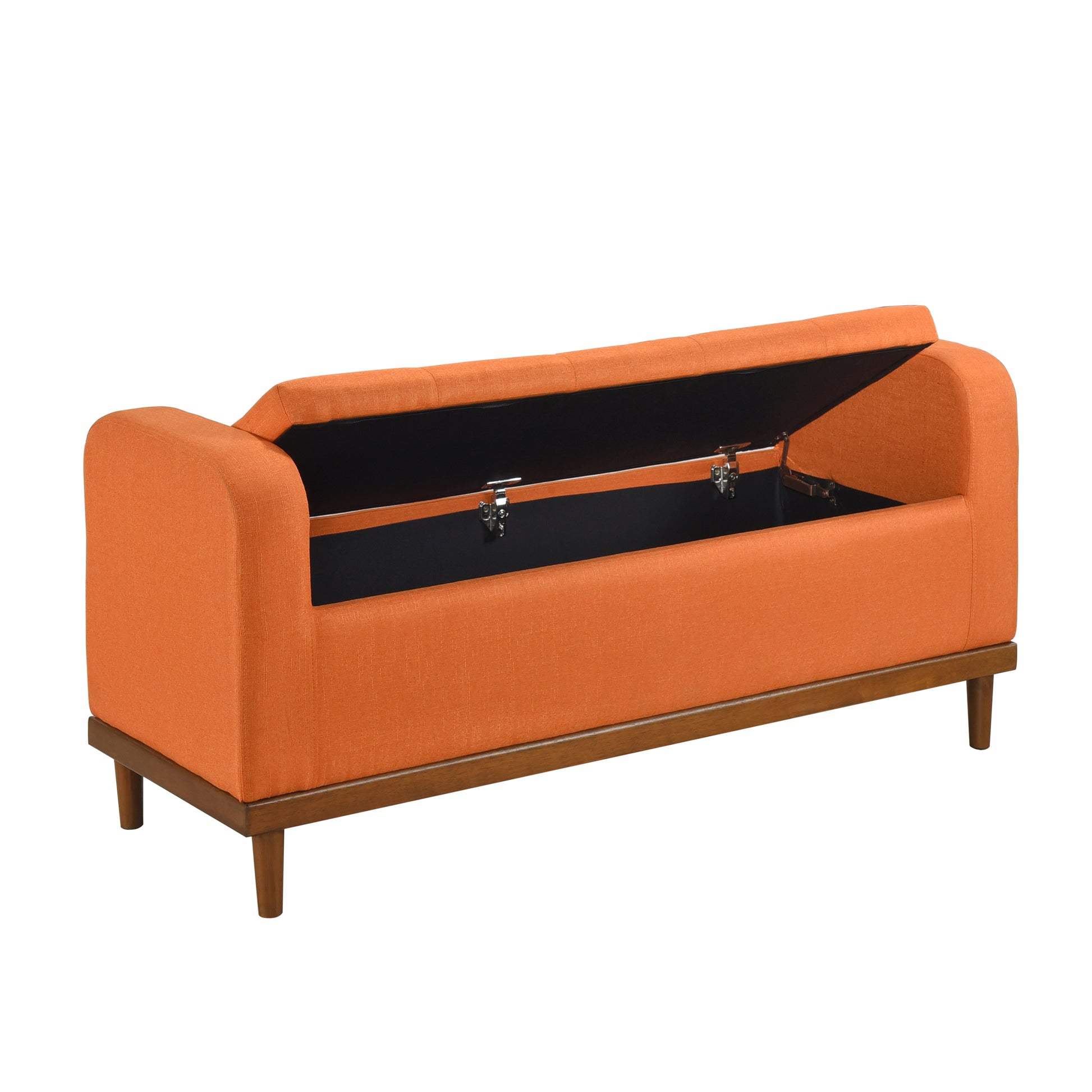 Mid Century Modern Lift Top Storage Bench 1Pc Tufted Orange Upholstered Solid Wood Walnut Finish Wooden Furniture Orange Bedroom Mid Century Modern Flip Top Wood