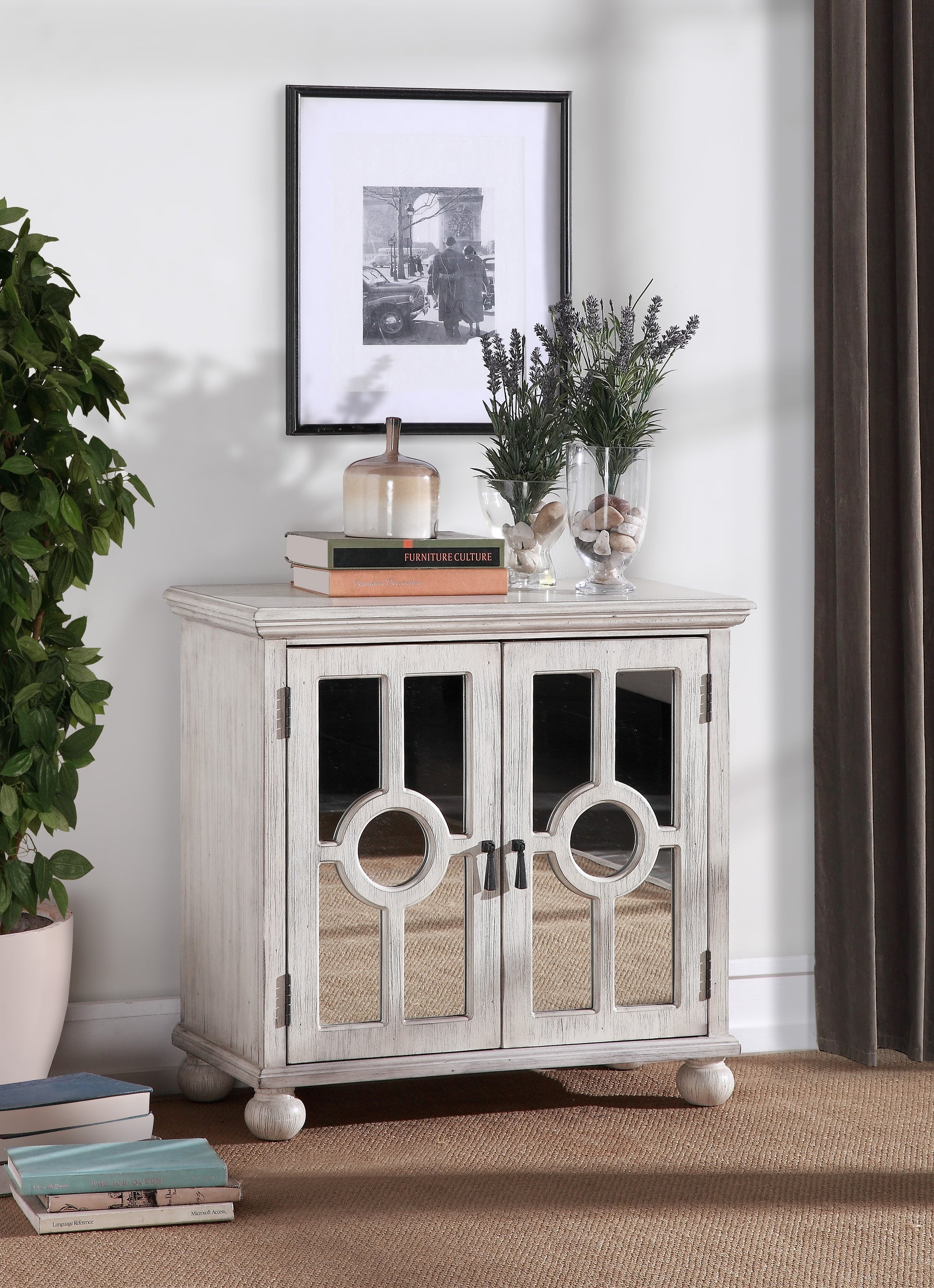 Classic Storage Cabinet Antique White 1Pc Modern Traditional Accent Chest With Mirror Doors Pendant Pulls Wooden Furniture Living Room Bedroom Accent Chests 1 2 Shelves Antique Antique White Primary Living Space Modern,Traditional Wood