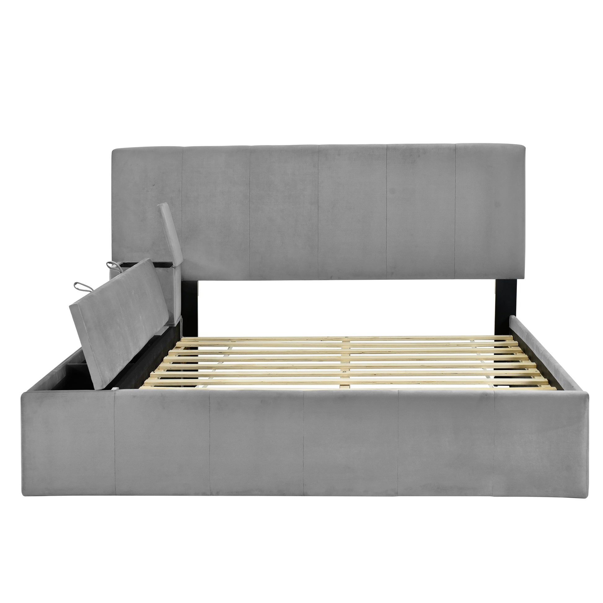 Full Size Upholstered Platform Bed With Lateral Storage Compartments And Thick Fabric, Velvet, Gray Gray Velvet