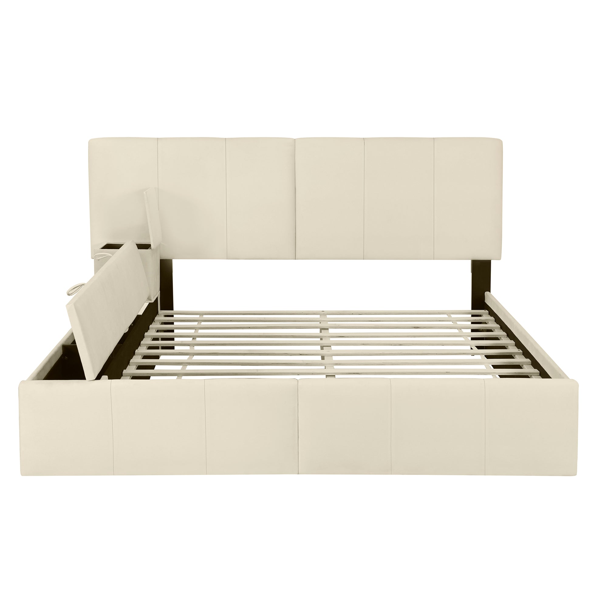 Queen Size Upholstered Platform Bed With Lateral Storage Compartments And Thick Fabric, Velvet, Beige Beige Velvet