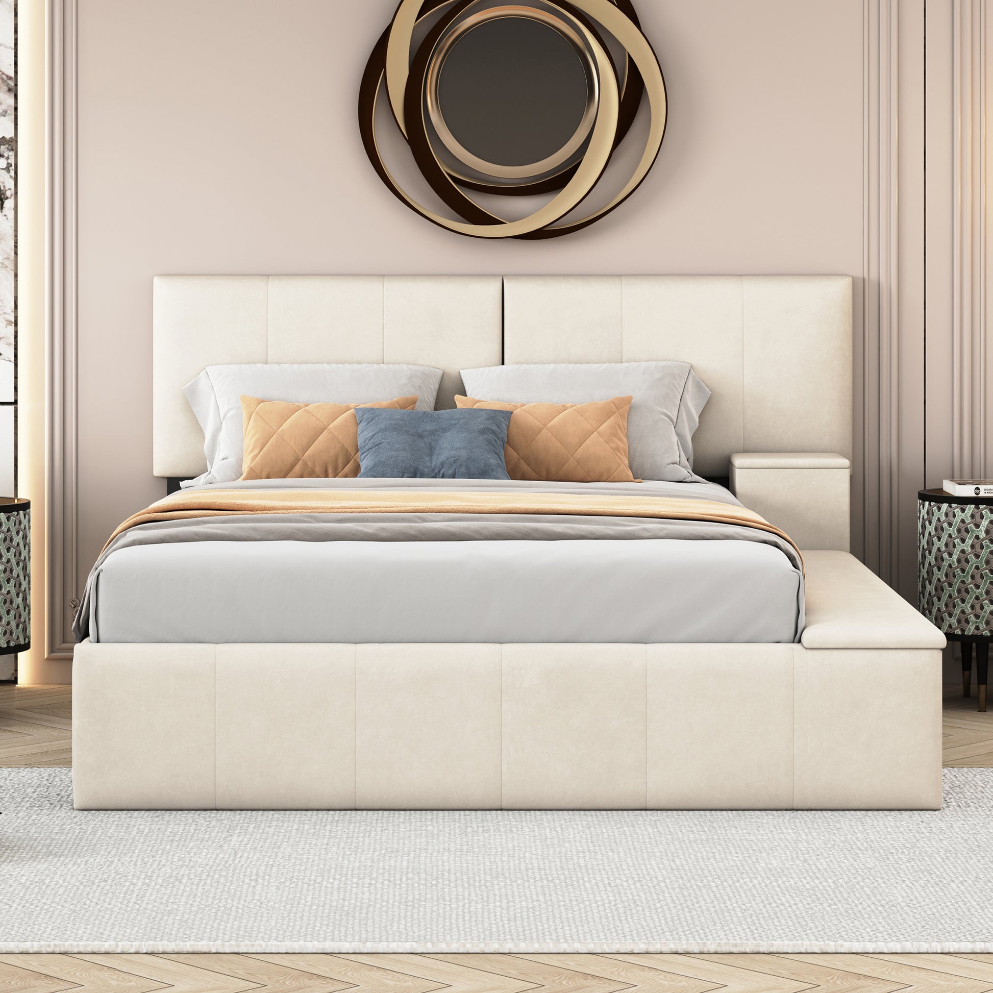 Queen Size Upholstered Platform Bed With Lateral Storage Compartments And Thick Fabric, Velvet, Beige Beige Velvet
