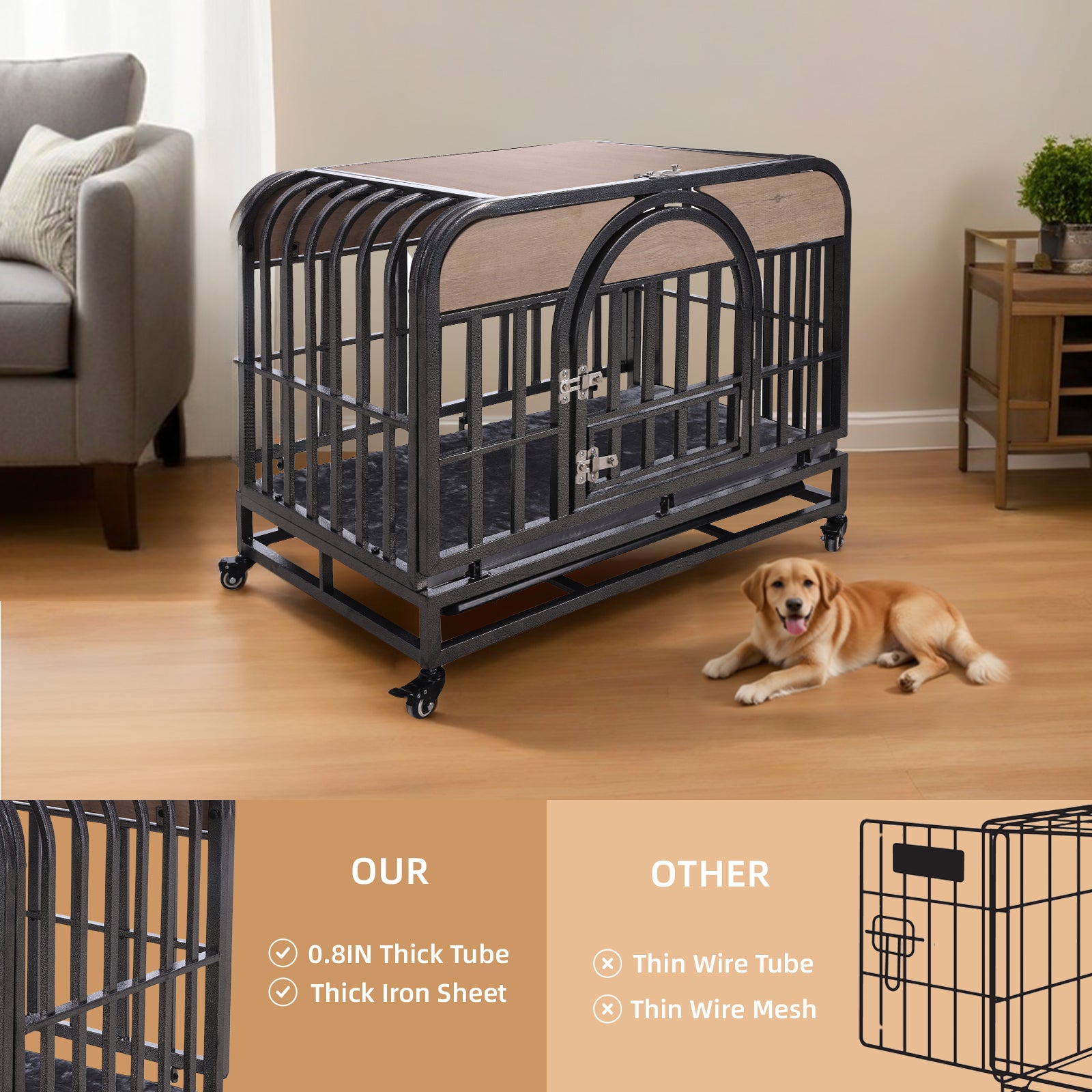 46In Heavy Duty Dog Crate, Furniture Style Dog Crate With Removable Trays And Wheels For High Anxiety Dogs Grey Abs Abs