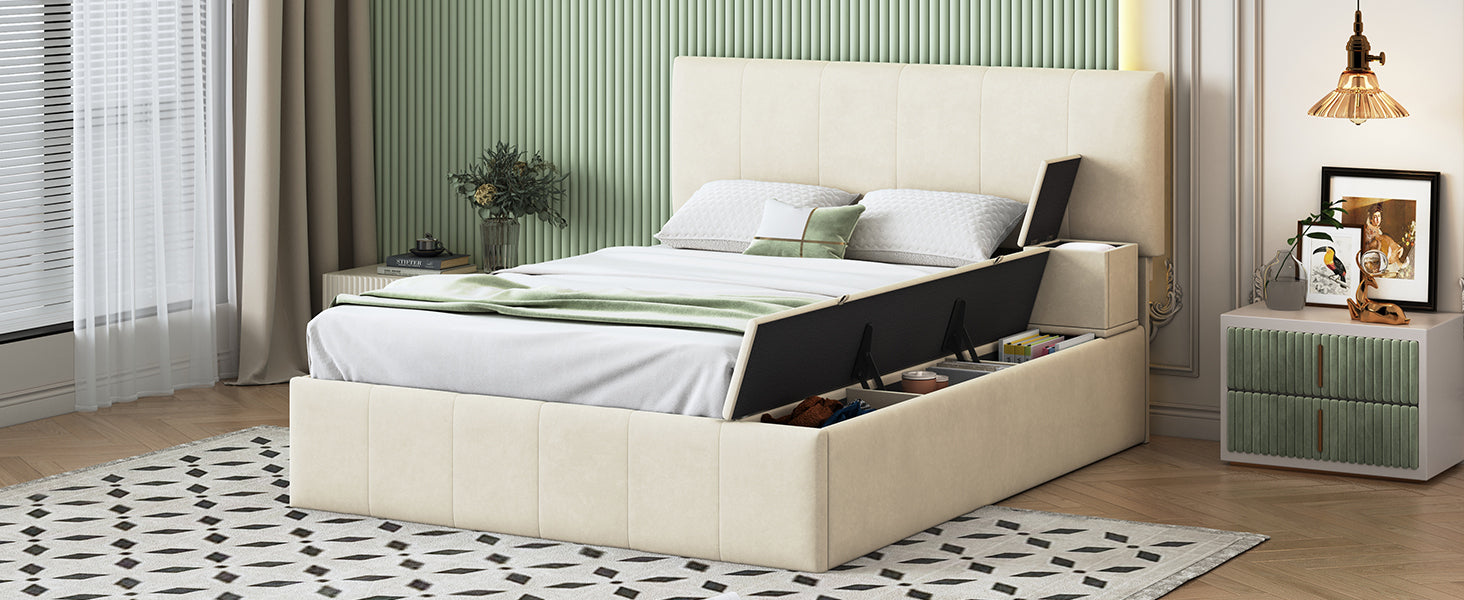 Full Size Upholstered Platform Bed With Lateral Storage Compartments And Thick Fabric, Velvet, Beige Beige Velvet