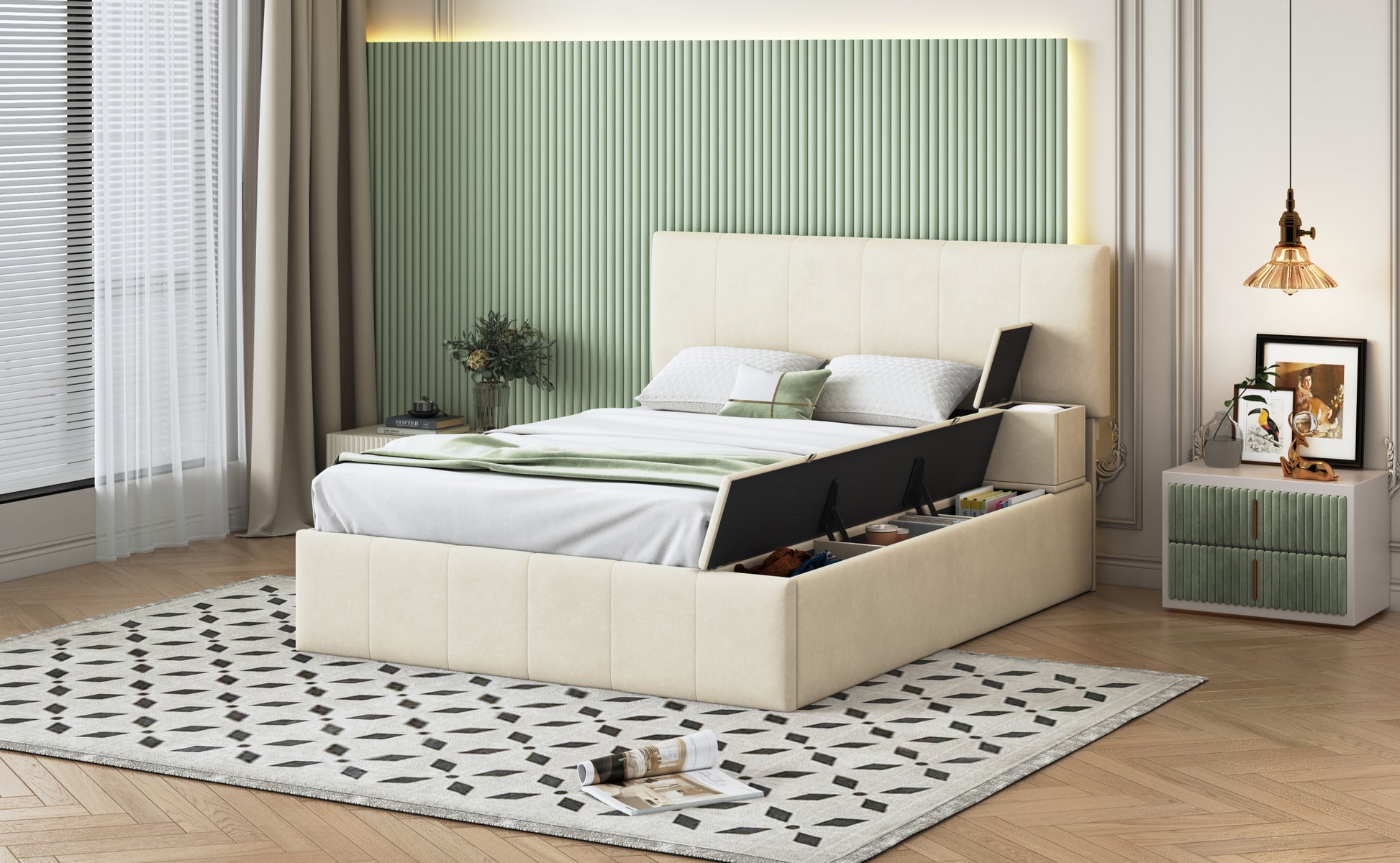 Full Size Upholstered Platform Bed With Lateral Storage Compartments And Thick Fabric, Velvet, Beige Beige Velvet
