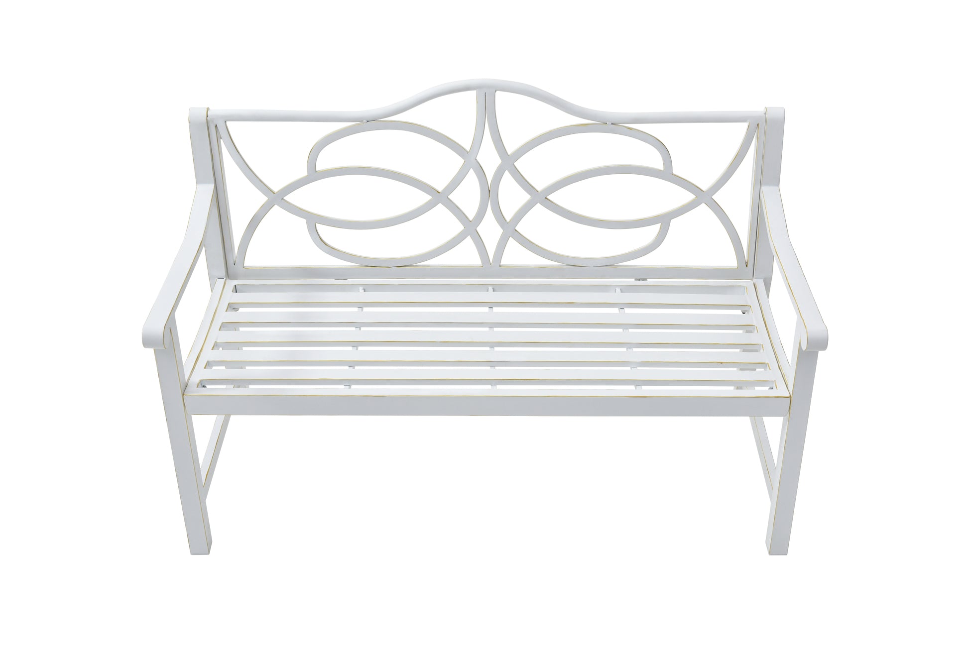 Outdoor Garden Patio Bench,Iron Metal Steel Frame Park Bench With Backrest And Armrest, Slatted Seat For Park, Yard & Porch, Balcony, Accommodates 2 3 People,White White Modern Metal