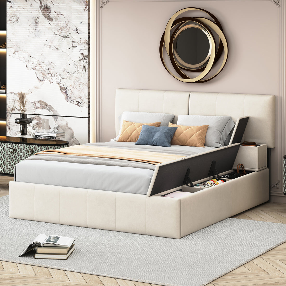 Queen Size Upholstered Platform Bed With Lateral Storage Compartments And Thick Fabric, Velvet, Beige Beige Velvet