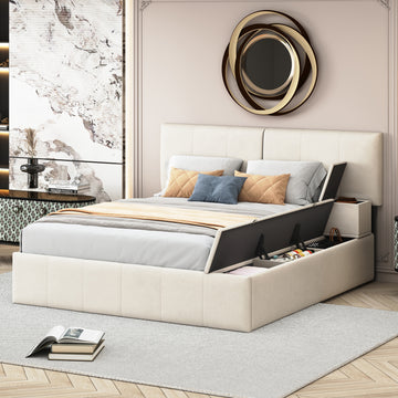 Queen Size Upholstered Platform Bed With Lateral Storage Compartments And Thick Fabric, Velvet, Beige Beige Velvet