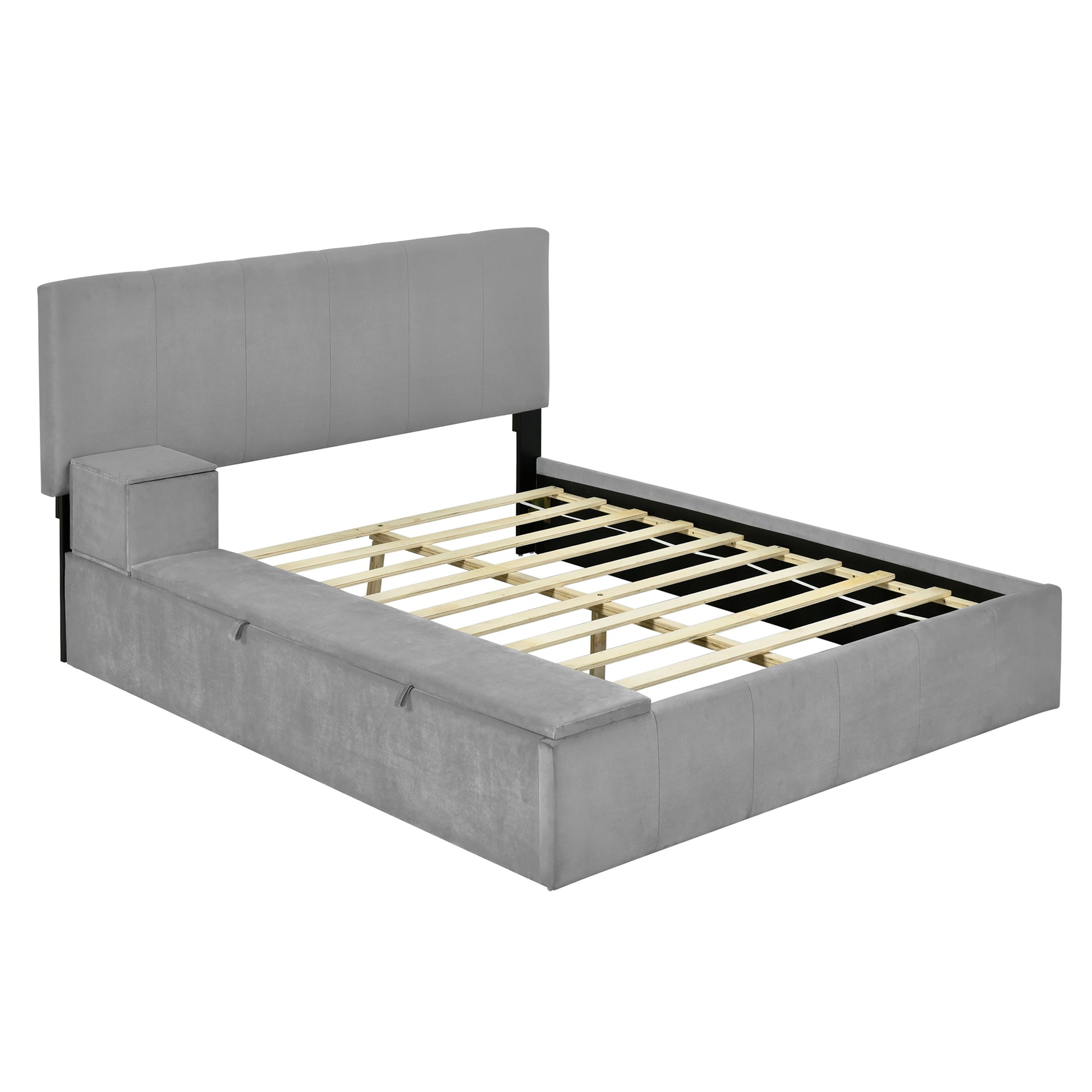 Full Size Upholstered Platform Bed With Lateral Storage Compartments And Thick Fabric, Velvet, Gray Gray Velvet