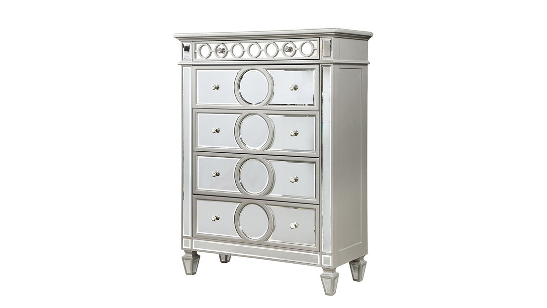 Symphony Modern Style Mirror Front 5 Drawer Chest With Diamond Shaped Legs And Made With Wood In Silver Silver Drawer 5 Drawers & Above Bedroom Ball Bearing Glides Modern Mirrored Finish Silver Solid Wood Mdf Wood