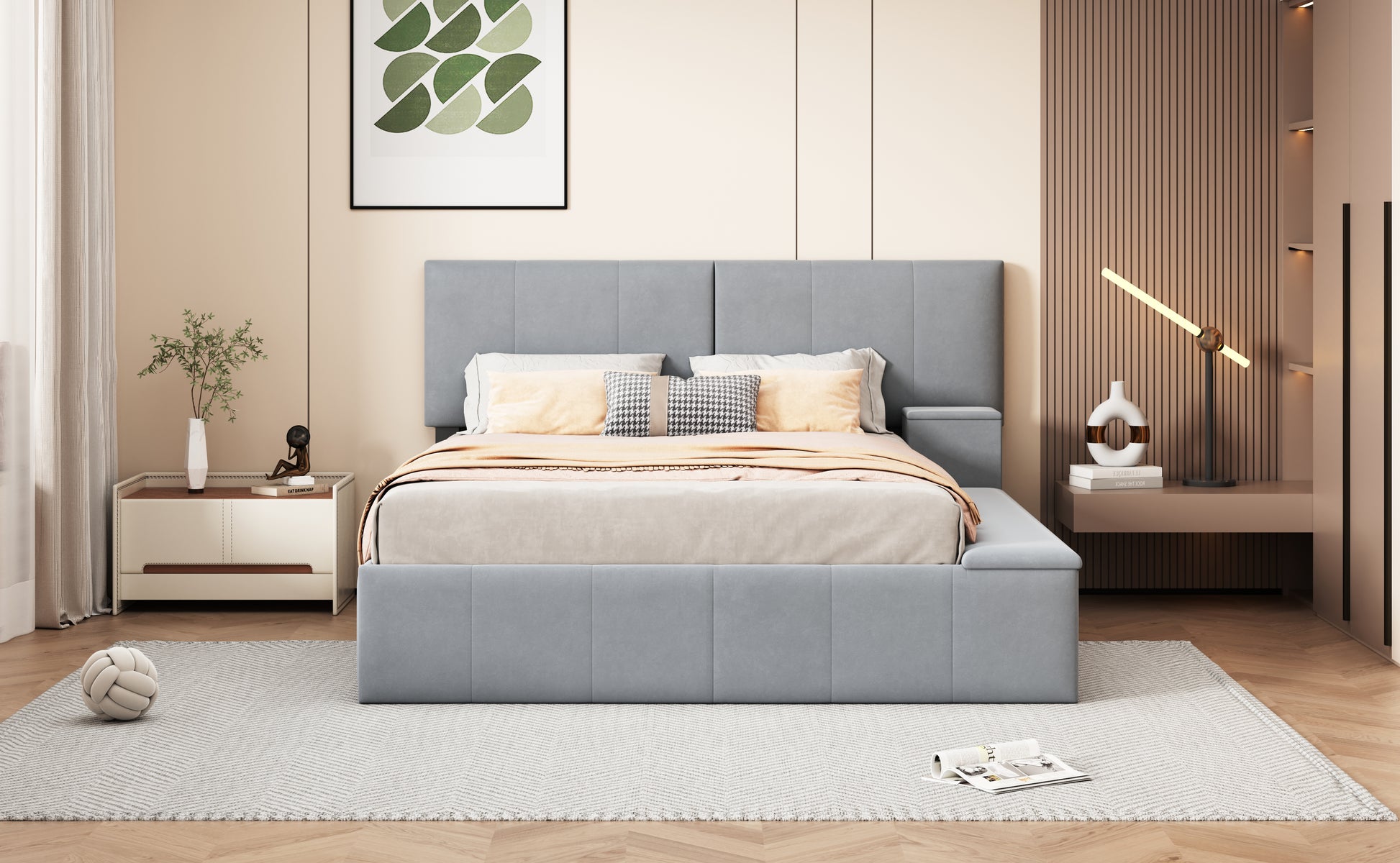 Queen Size Upholstered Platform Bed With Lateral Storage Compartments And Thick Fabric, Velvet, Gray Gray Velvet