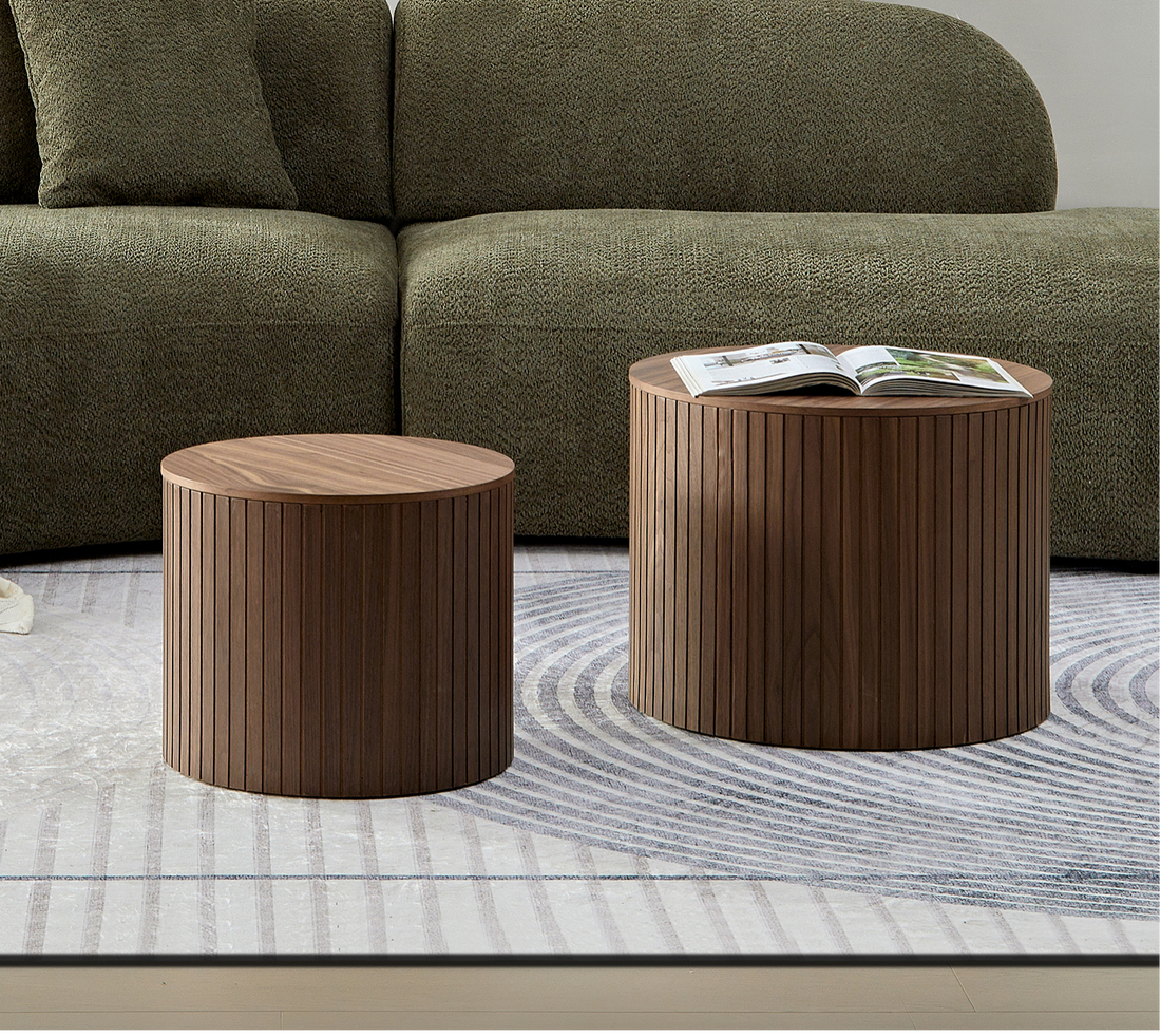 MDF nested table set 2 pieces, handcrafted round walnut-coffee & end tables-mdf