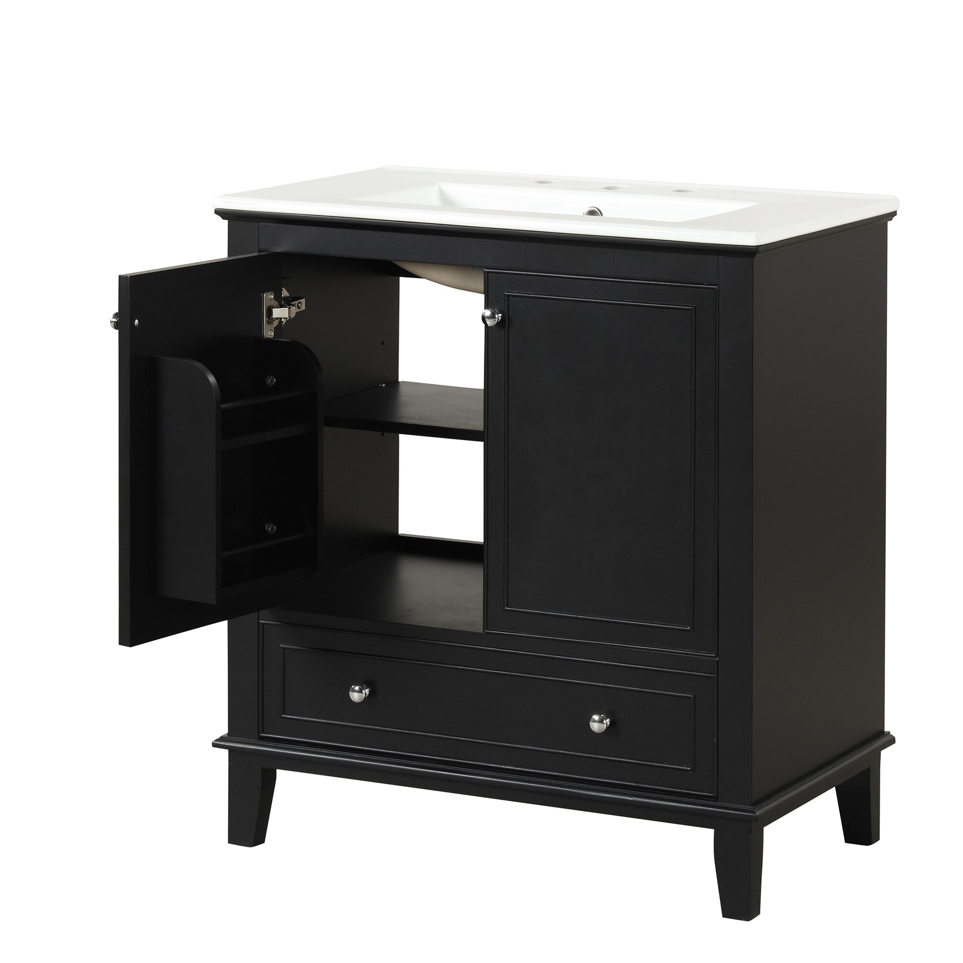 30" Bathroom Vanity With Sink Combo, Multi Functional Bathroom Cabinet With Doors And Drawer, Solid Wood And Mdf Board, Black Black Solid Wood Mdf