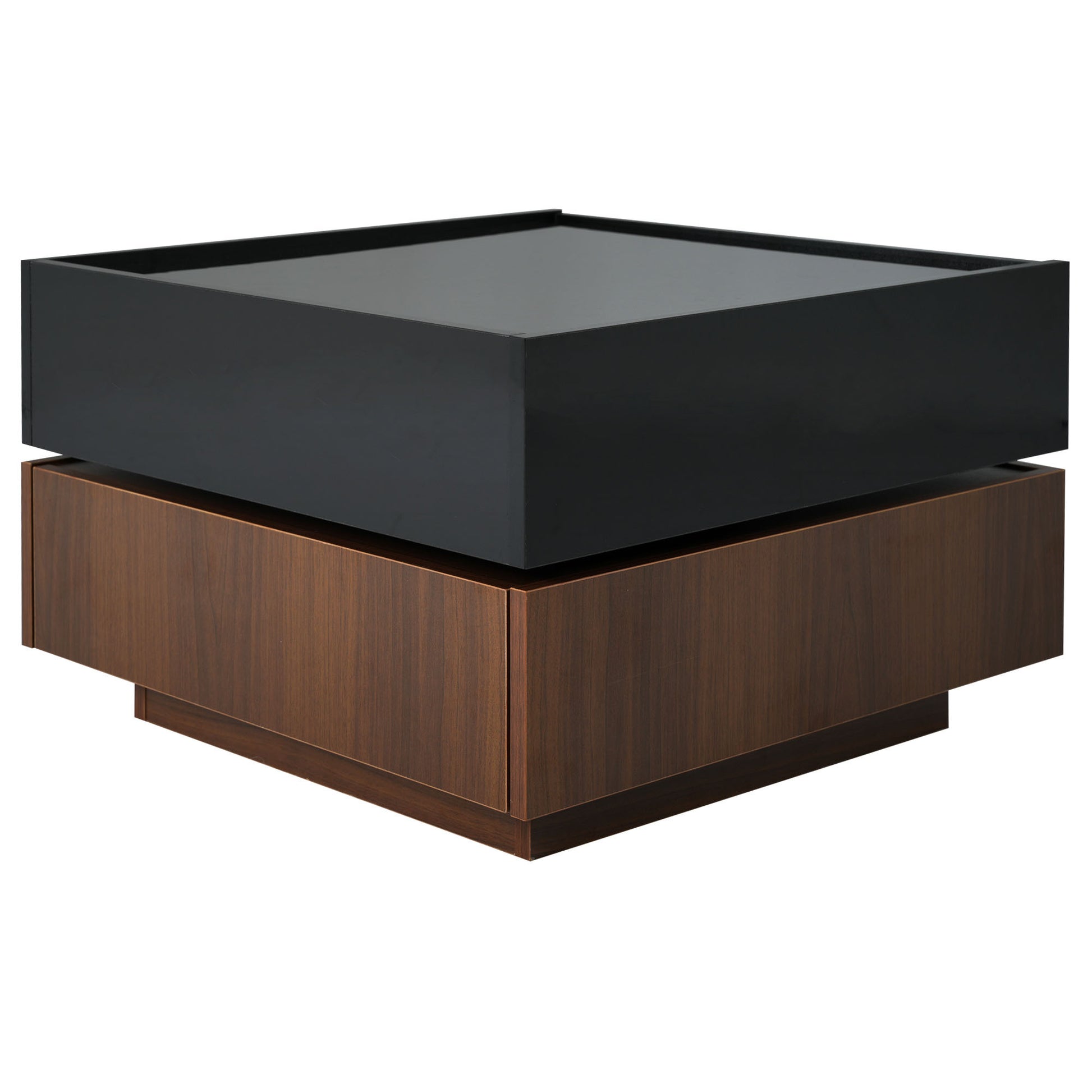 Multi Functional Square 360 Rotating Coffee Table With 2 Drawers, High Gloss 2 Tier Center Table With Swivel Tabletop And Storage, Walnut Table Frame Side Table For Living Room, Black Black Dark Walnut Primary Living Space Glossy Square Particle Board