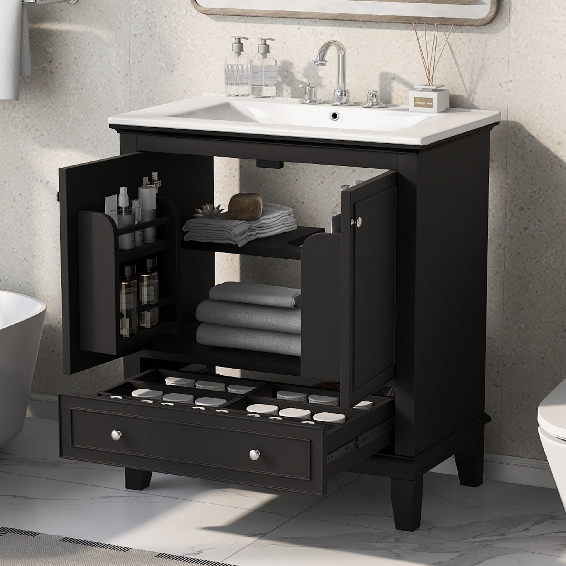 30" Bathroom Vanity With Sink Combo, Multi Functional Bathroom Cabinet With Doors And Drawer, Solid Wood And Mdf Board, Black Black Solid Wood Mdf