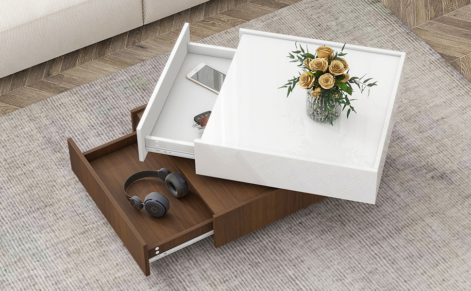 Square 360 Rotating Coffee Table With 2 Drawers, High Gloss 2 Tier Center Table With Swivel Tabletop And Storage, Walnut Table Frame Side Table For Living Room, White White Walnut Primary Living Space Glossy Square Particle Board