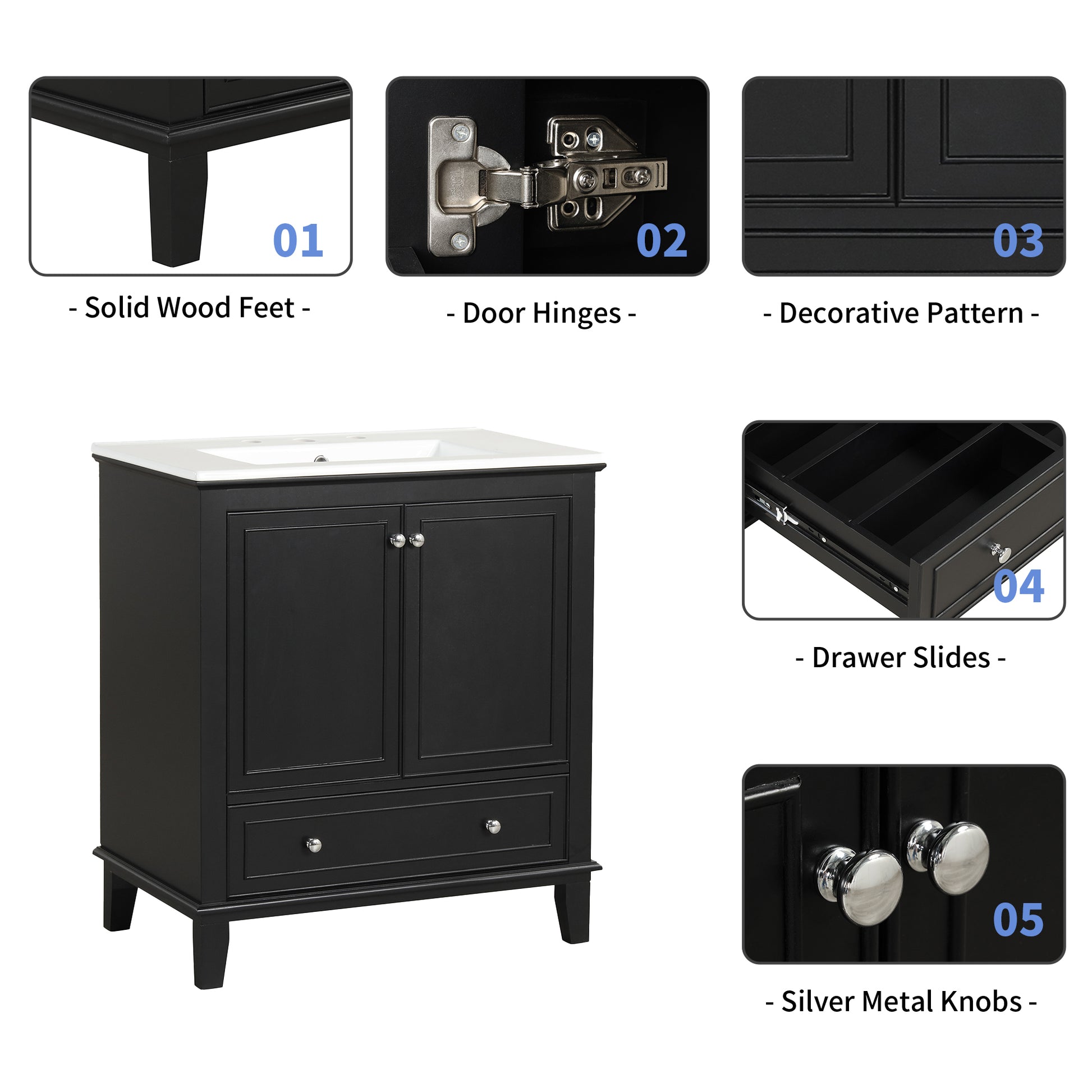 30" Bathroom Vanity With Sink Combo, Multi Functional Bathroom Cabinet With Doors And Drawer, Solid Wood And Mdf Board, Black Black Solid Wood Mdf