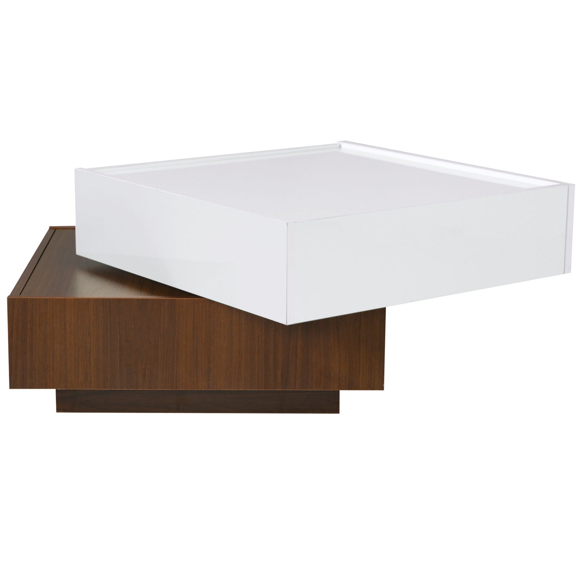 Square 360 Rotating Coffee Table With 2 Drawers, High Gloss 2 Tier Center Table With Swivel Tabletop And Storage, Walnut Table Frame Side Table For Living Room, White White Walnut Primary Living Space Glossy Square Particle Board