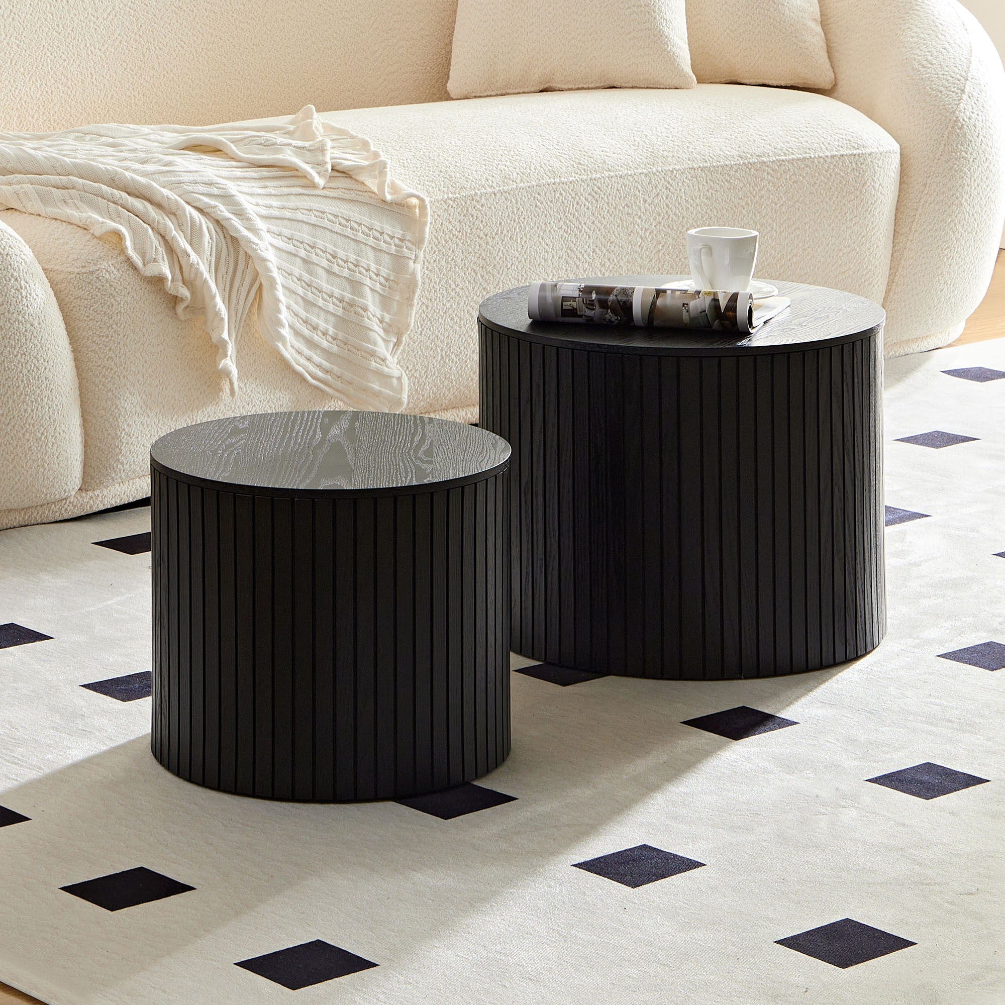 Nested table set 2 pieces, MDF coffee table set Living black-coffee & end tables-mdf