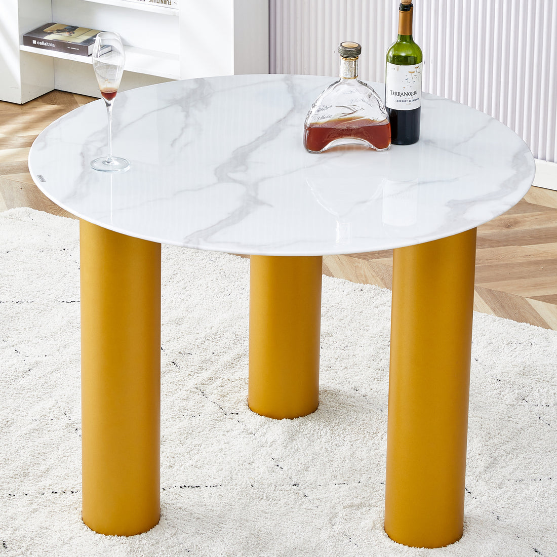 Round White Dining Table, Artificial Marble Glass Stickers, Golden Mdf Legs, Kitchen Dining Table, Living Room Dining Table 40 "* 40" * 29.4 "F X03 White Mdf