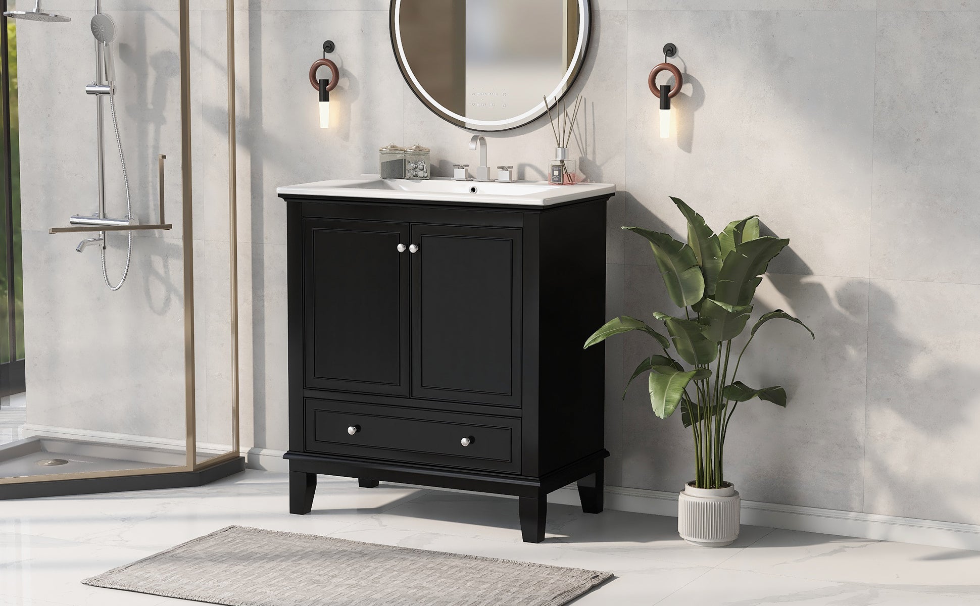 30" Bathroom Vanity With Sink Combo, Multi Functional Bathroom Cabinet With Doors And Drawer, Solid Wood And Mdf Board, Black Black Solid Wood Mdf