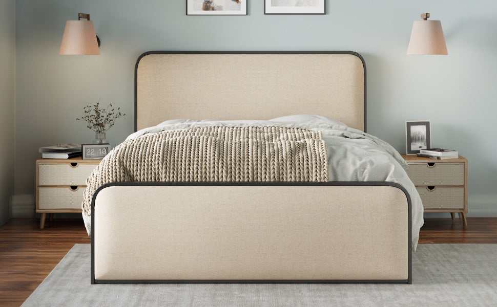 Modern Metal Bed Frame With Curved Upholstered Headboard And Footboard Bed With Under Bed Storage, Heavy Duty Metal Slats, Full Size, Beige Full Beige Metal Modern Metal