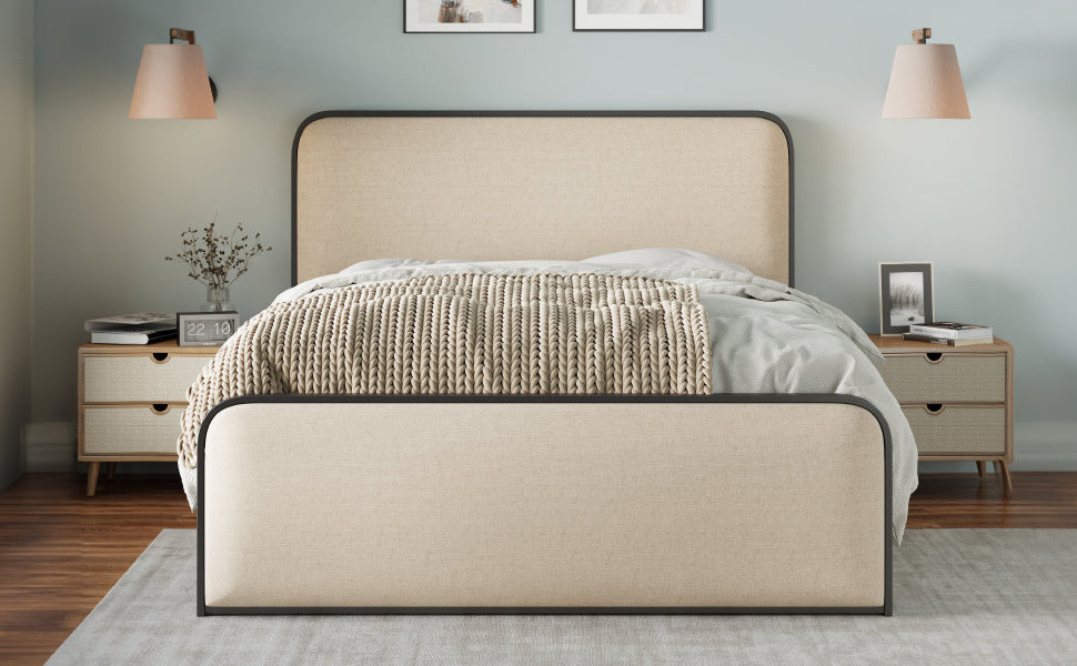 Modern Metal Bed Frame with Curved Upholstered queen-beige-metal-modern-metal