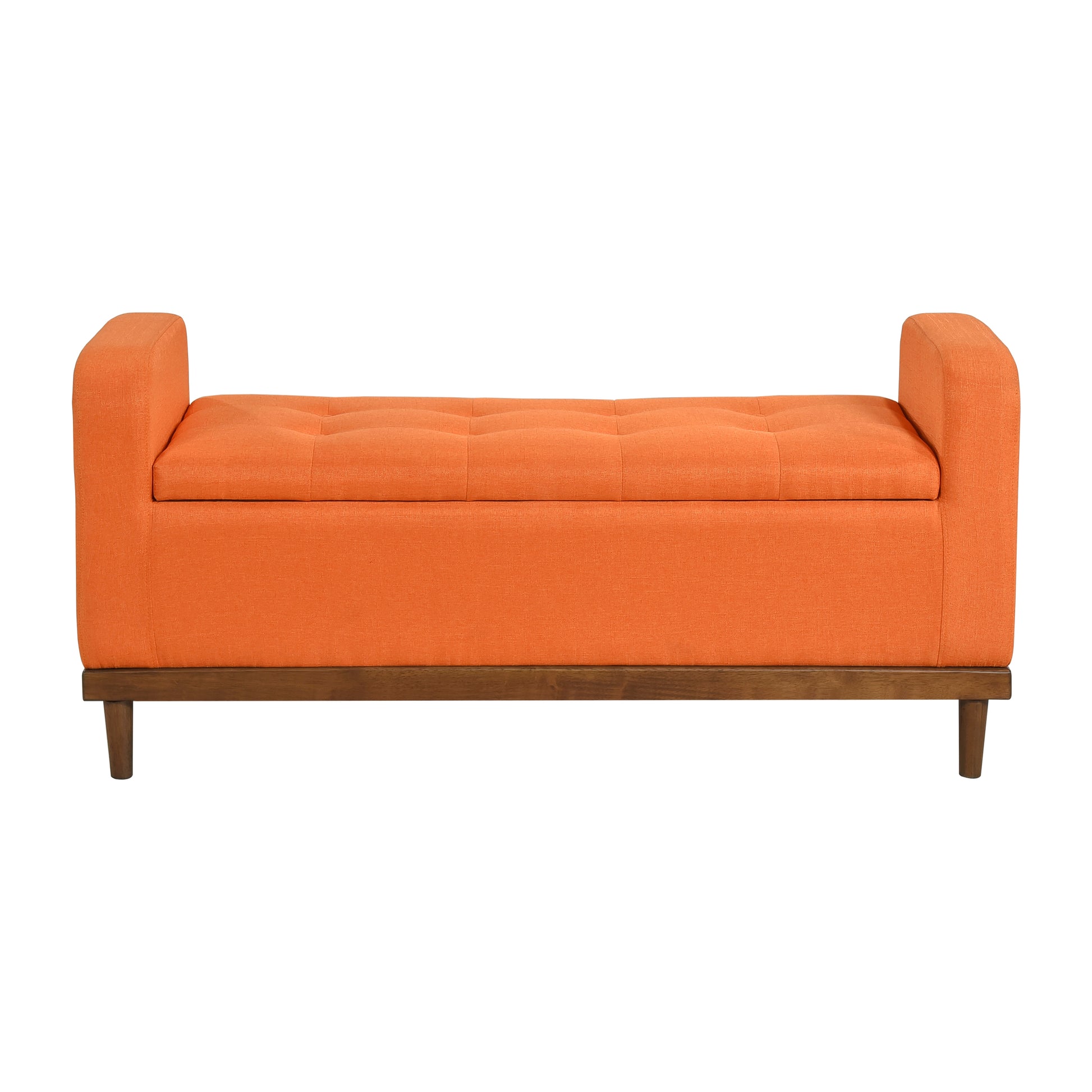 Mid Century Modern Lift Top Storage Bench 1Pc Tufted Orange Upholstered Solid Wood Walnut Finish Wooden Furniture Orange Bedroom Mid Century Modern Flip Top Wood