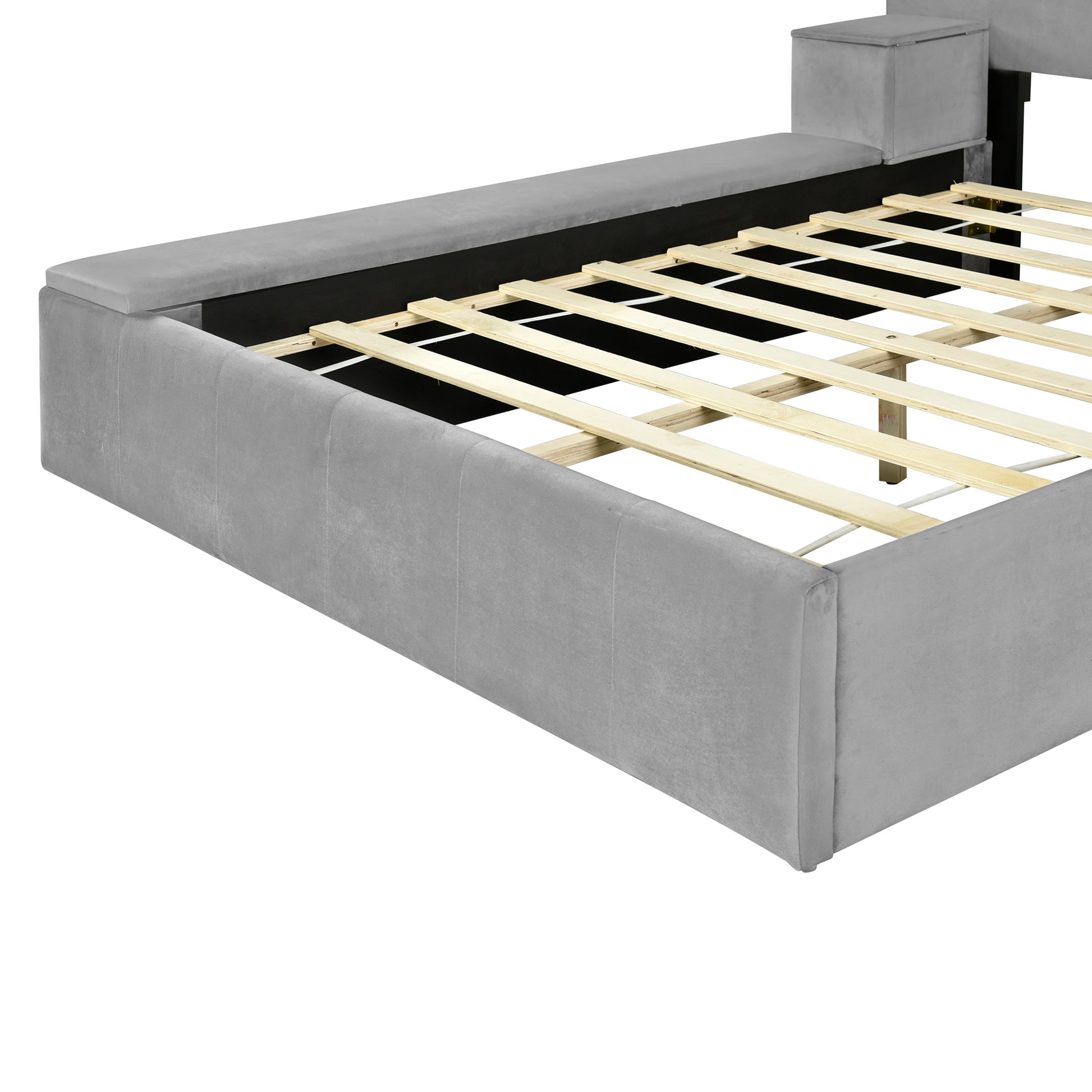 Full Size Upholstered Platform Bed With Lateral Storage Compartments And Thick Fabric, Velvet, Gray Gray Velvet