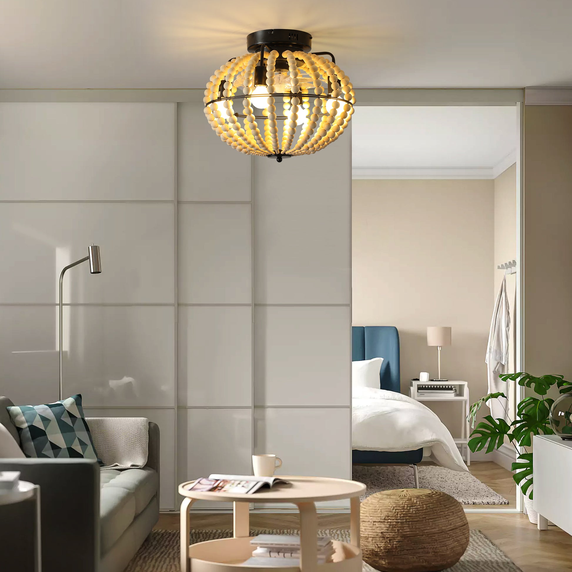 Beaded Fan Lamp Wood Beaded Chandelier Oak White White Modern Iron