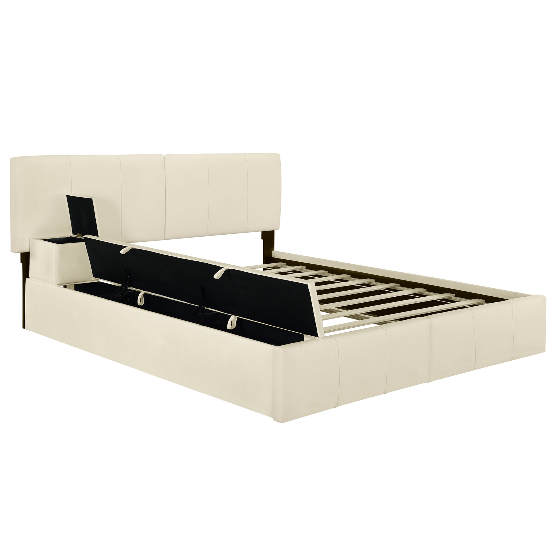 Queen Size Upholstered Platform Bed With Lateral Storage Compartments And Thick Fabric, Velvet, Beige Beige Velvet