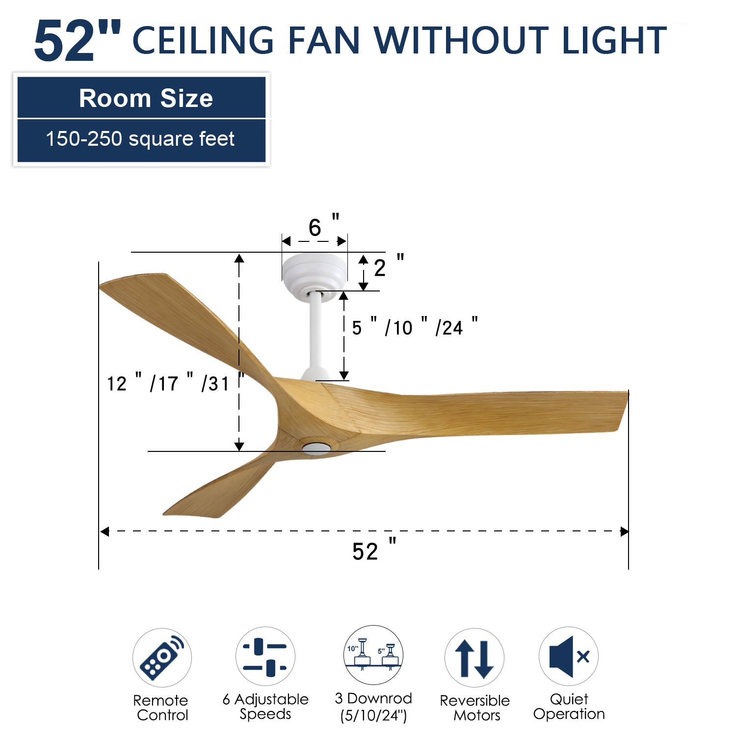 52 Inch Modern Ceiling Fan With 3 Abs Blades Remote Control Reversible Dc Motor Without Light For Living Room White Abs