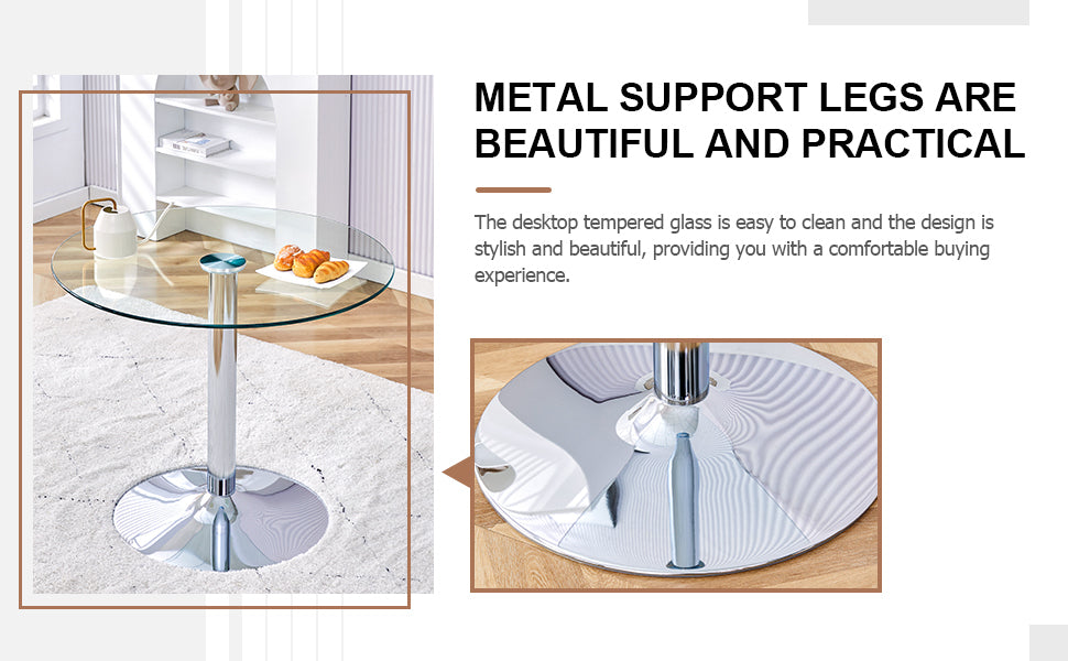 A Glass Tabletop With A Diameter Of 35 Inches And A Modern Minimalist Circular Dining Table With Electroplated Silver Metal Legs. Suitable For Restaurants, Living Rooms, And Conference Rooms.Dt 1166 Transparent Glass