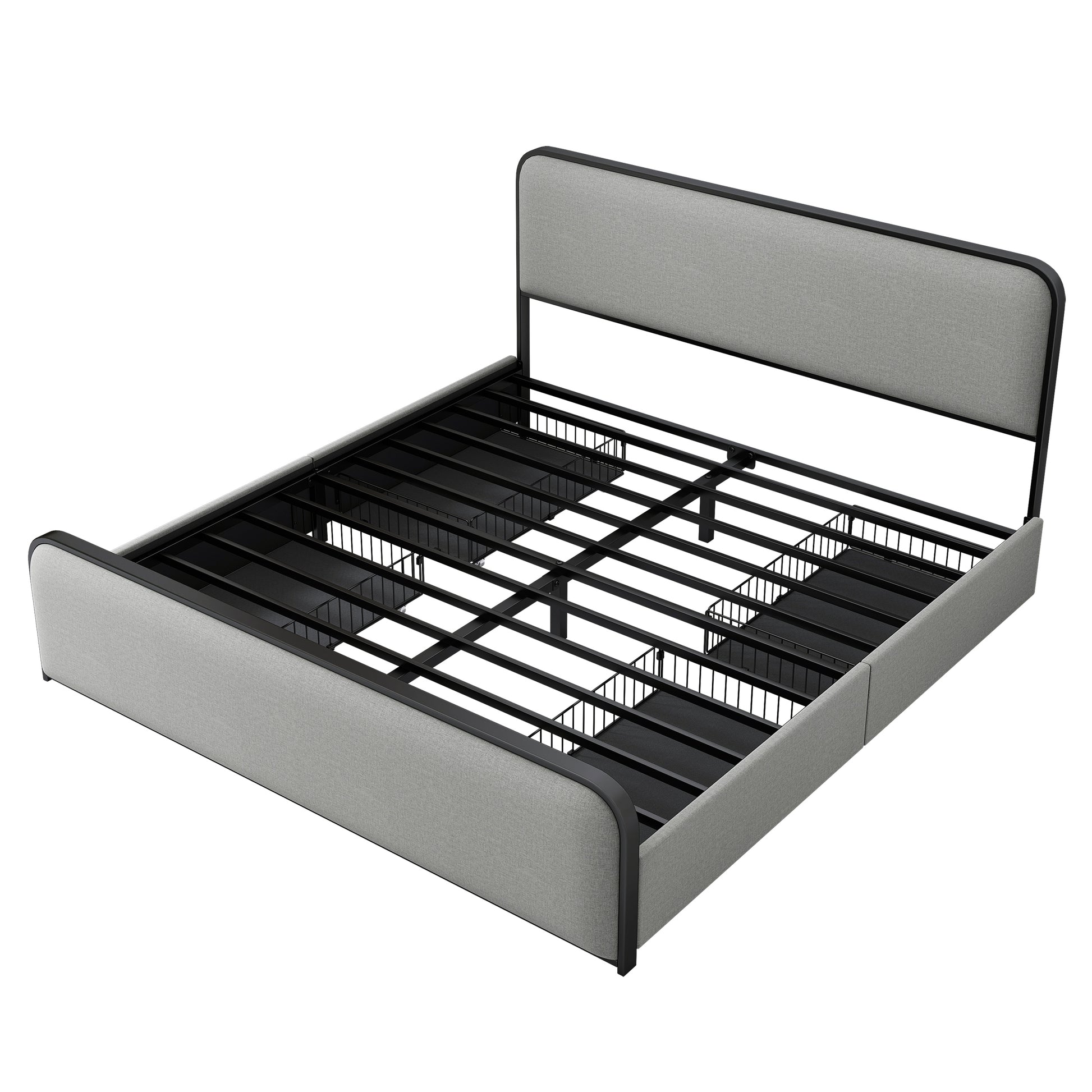 Modern Metal Bed Frame With Curved Upholstered Headboard And Footboard Bed With 4 Storage Drawers, Heavy Duty Metal Slats, King Size, Grey Grey Metal Modern Metal