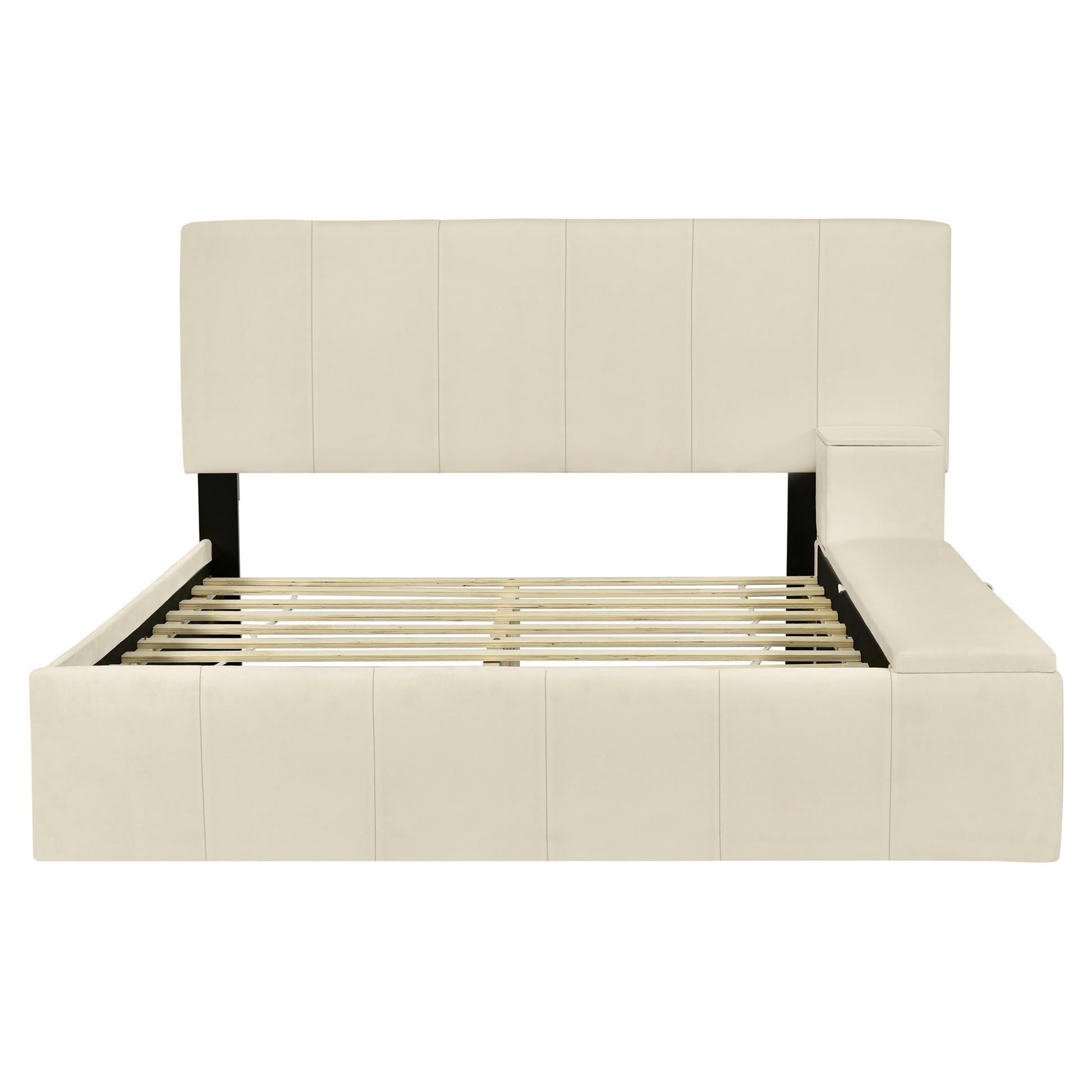 Full Size Upholstered Platform Bed With Lateral Storage Compartments And Thick Fabric, Velvet, Beige Beige Velvet