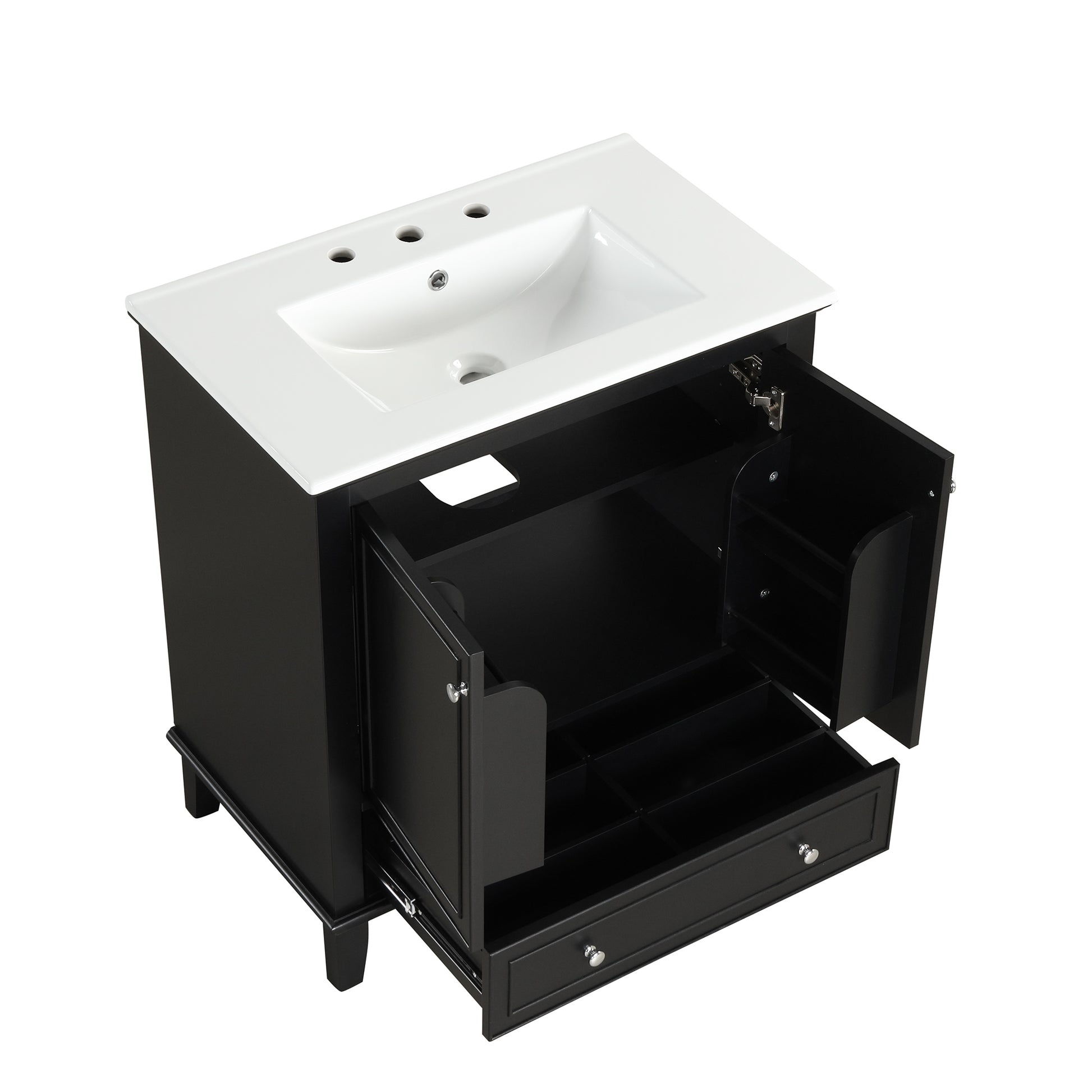 30" Bathroom Vanity With Sink Combo, Multi Functional Bathroom Cabinet With Doors And Drawer, Solid Wood And Mdf Board, Black Black Solid Wood Mdf